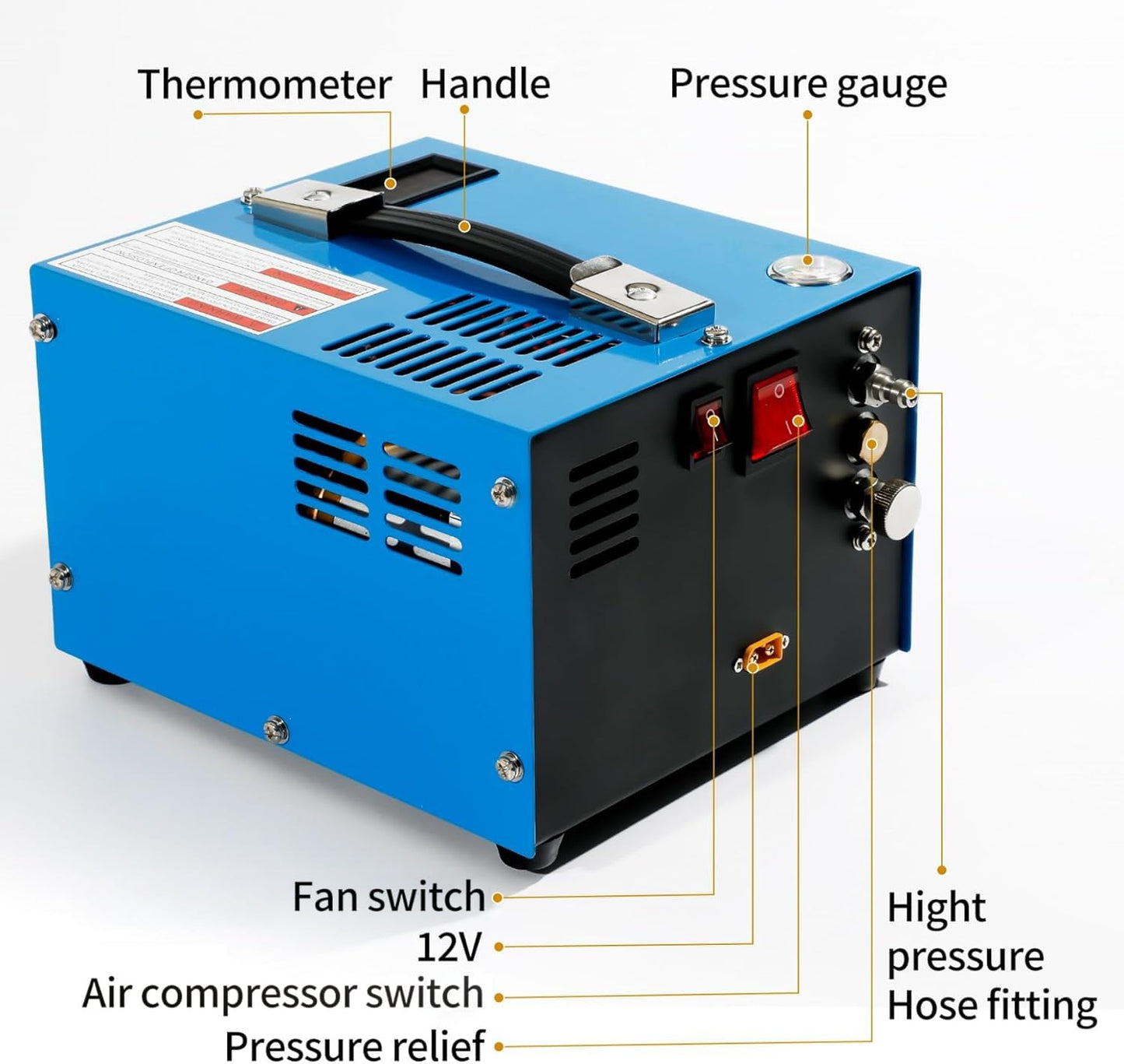 PCP Air Compressor 4500Psi/30Mpa Water/Oil Free PCP Air Pump Rifle,12V Automotive DC 110V AC PCP Airgun Compressor With Power Converter,Built-in Fan,Suitable for Paintball (Blue)