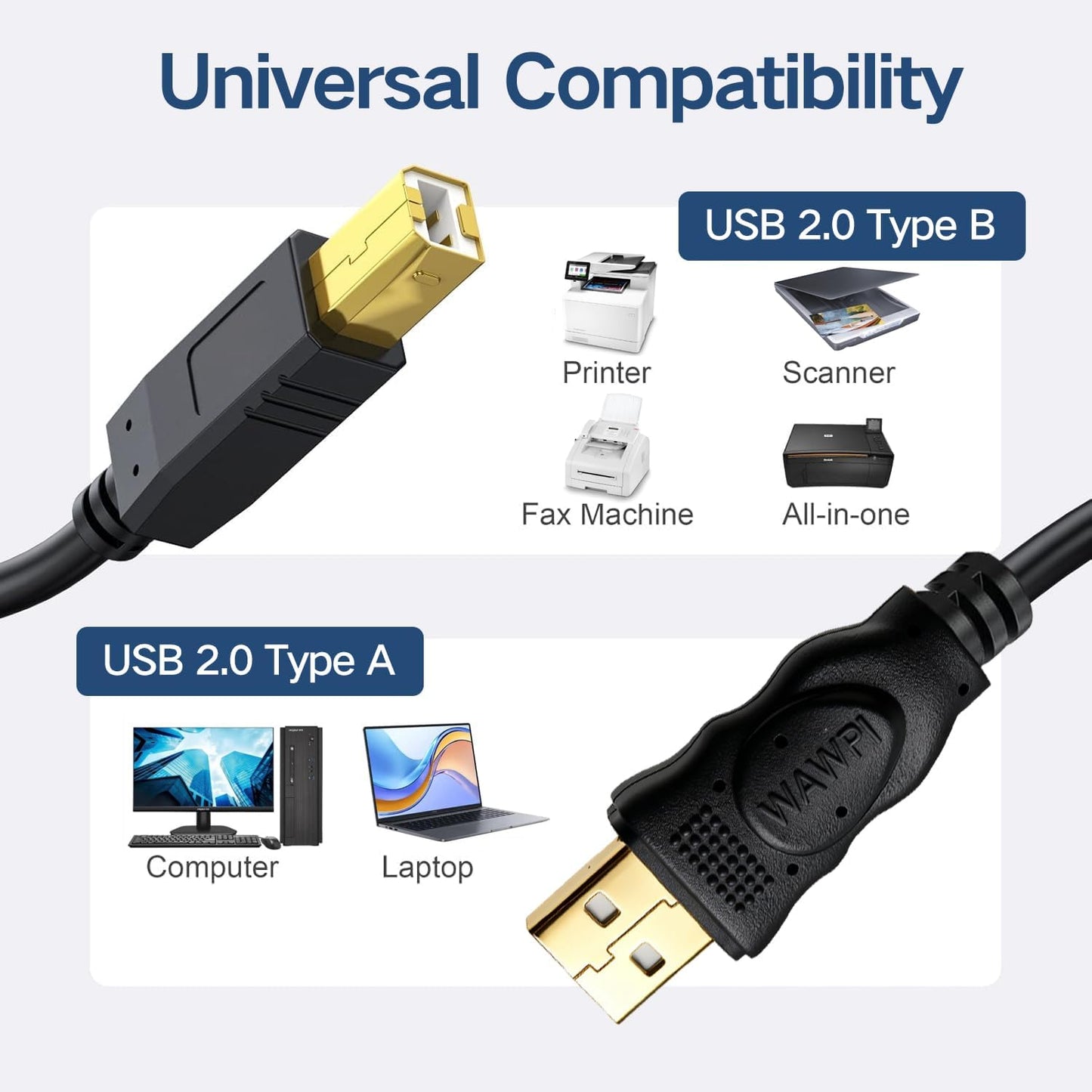 30ft 2.0 USB A to B Printer Cable for Printers, Scanners & Copiers High-Speed Data Transfer | Durable Construction |