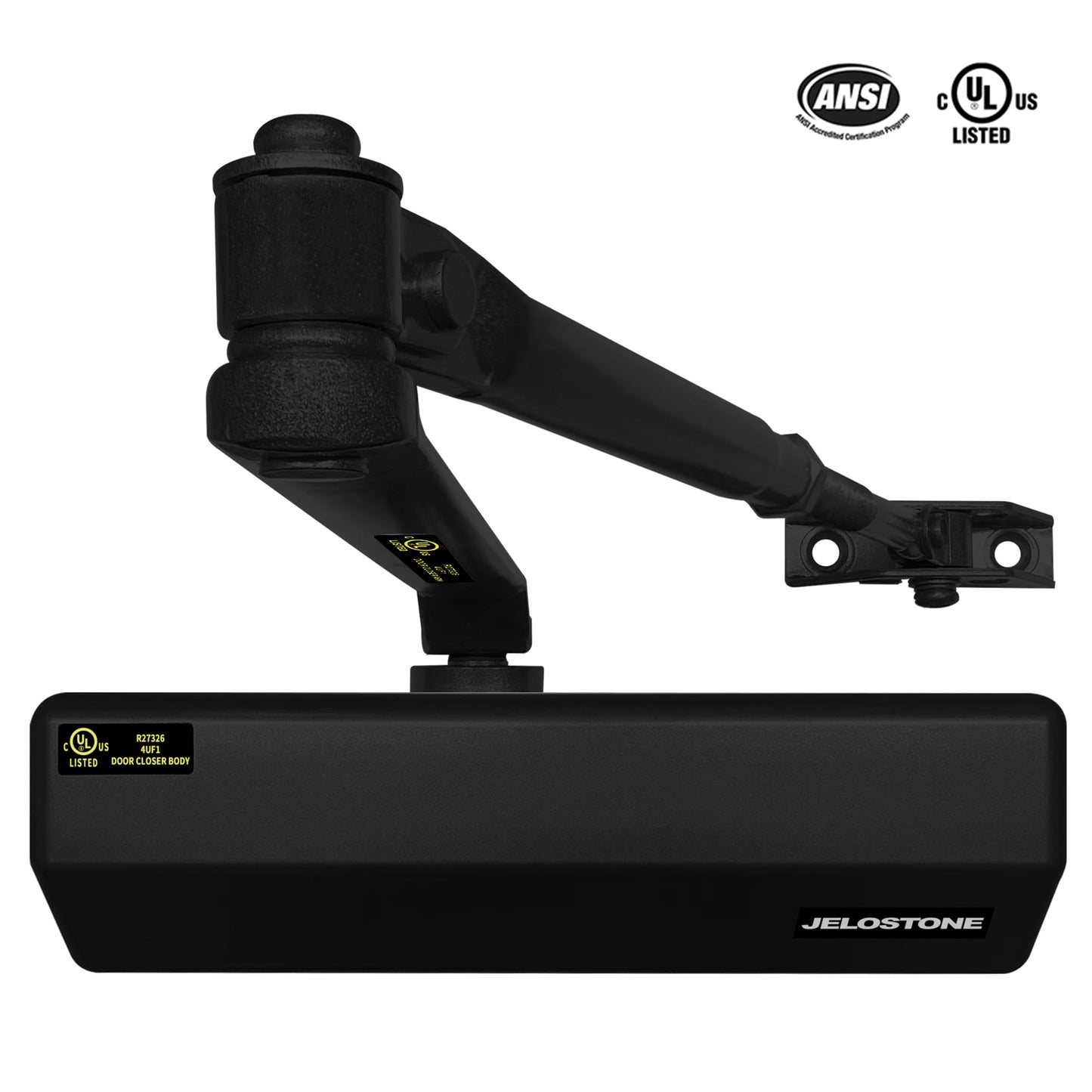 JELOSTONE Medium/Heavy Duty, Commercial Door Closer D4000, ANSI Grade 1, UL 3 Hour Fire Rated, ADA Compliant, Adjustable Spring Size 1-6 for Doors (44-330lb, 30-60 in), Indoor/Outdoor (Black)