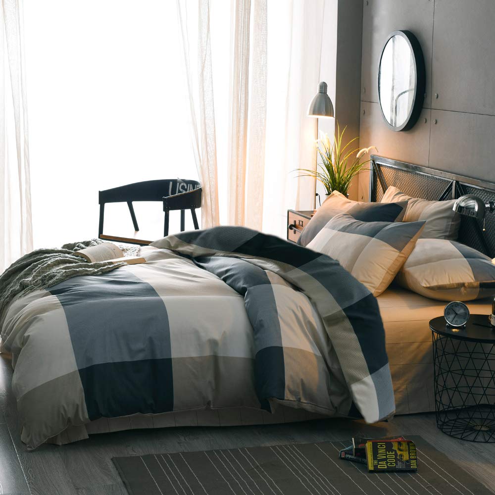 MKXI Plaid Comforter Set Queen Size, Geometric Checkered 3 Pieces Bedding Set Men Boys, Modern Style Comforter with 2 Pillow Shams All Season Soft Fluffy Bedding Set-(Tan,Dark Blue Grey,Khaki)