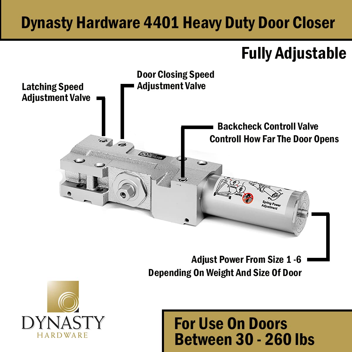 Dynasty Hardware Door Closer, Grade 1 Heavy Duty Commercial Hydraulic Closer, Self-Closing, Adjustable Spring Size 1-6, ADA Compliant, Surface Mount, Sprayed Aluminum, Series 4401