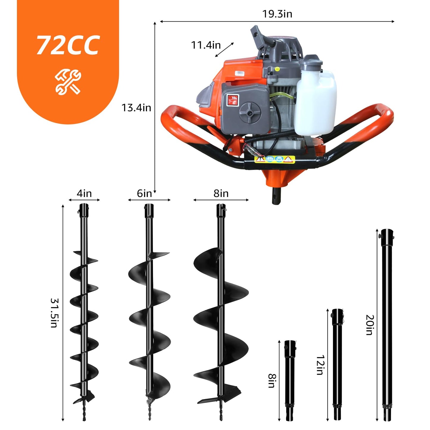 XJADQW 72CC 2-Stroke Gas Powered Post Hole Digger with 4" & 6" & 8" Auger Bits + 8“ & 12" & 20" Extension Rod, Heavy Duty Earth Auger for Farm, Garden, Landscaping, Construction
