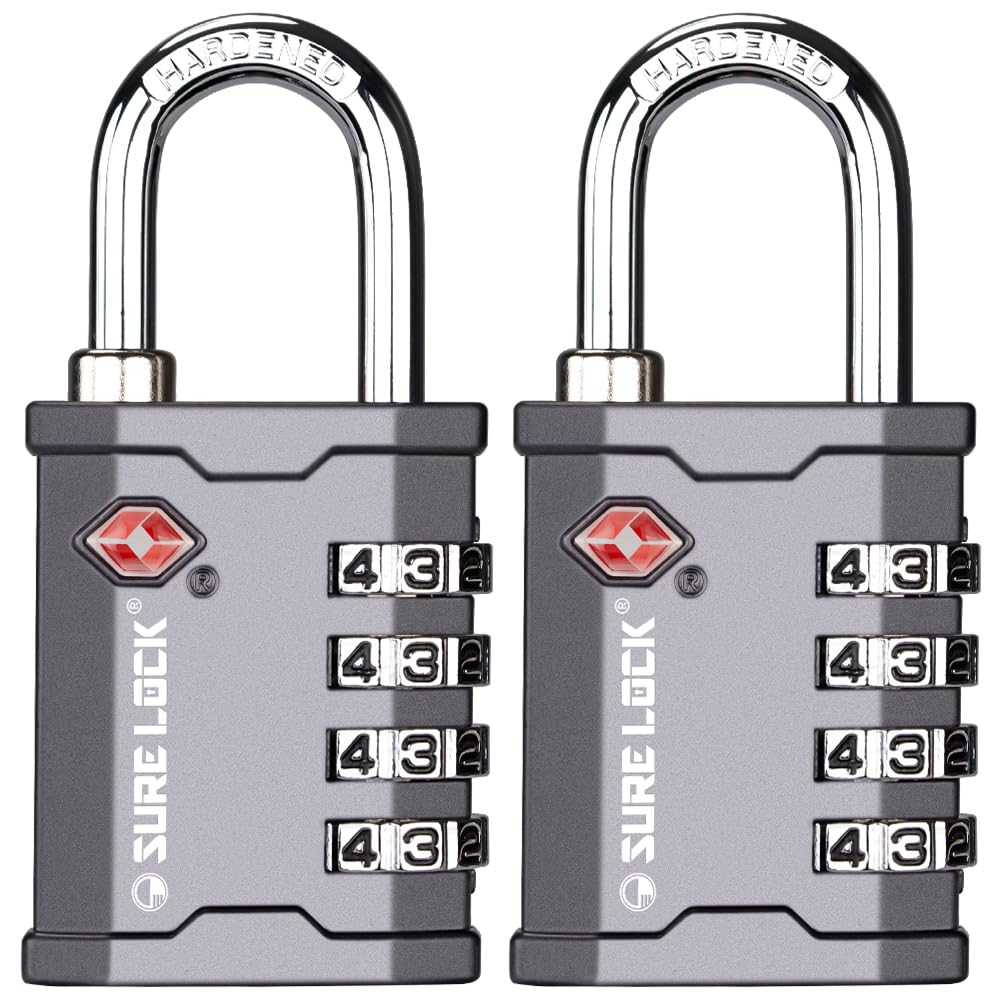 SURE LOCK TSA Accepted 4 Dig Heavy Duty Big Combination Luggage Padlock All Metal Travel Lock for Equipment Hard Case Luggage Gun Case Gym Locker Pelican Vault Lock (2, Grey)
