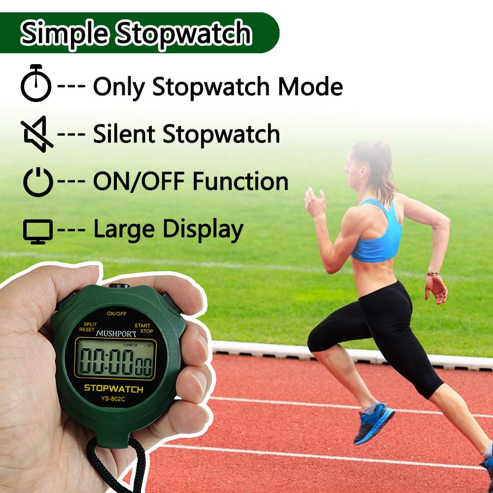 MUSHPORT Stopwatch Timer Only Stopwatch Mode, ON/Off Silent Large Display Simple Operation, Without Clock Date Countdown, Digital Stop Watch for Sports Kids Coaches, Green