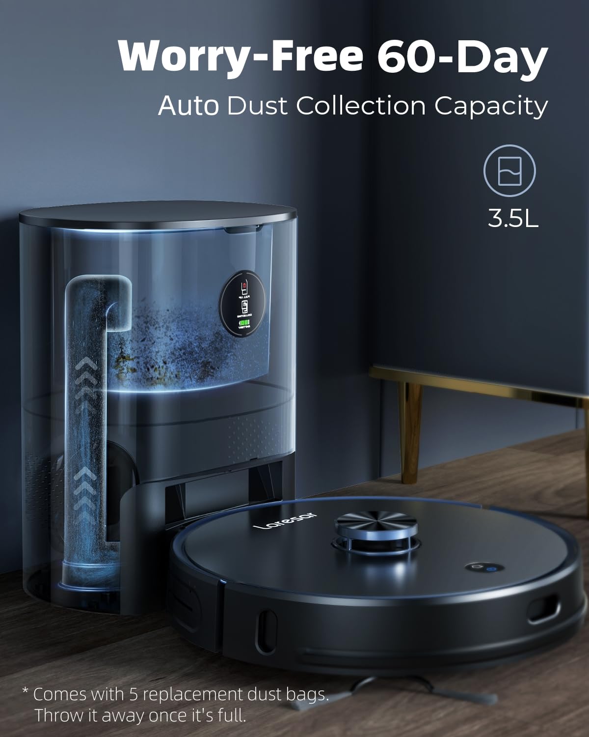 Laresar Robot Vacuum and Mop Combo, 3 in 1 Robotic Vacuum with 3.5L Self Emptying Station, Equipped with Lidar Navigation,Smart App Control, for Pet Hair/Floors/Carpets, L6 Pro, Black