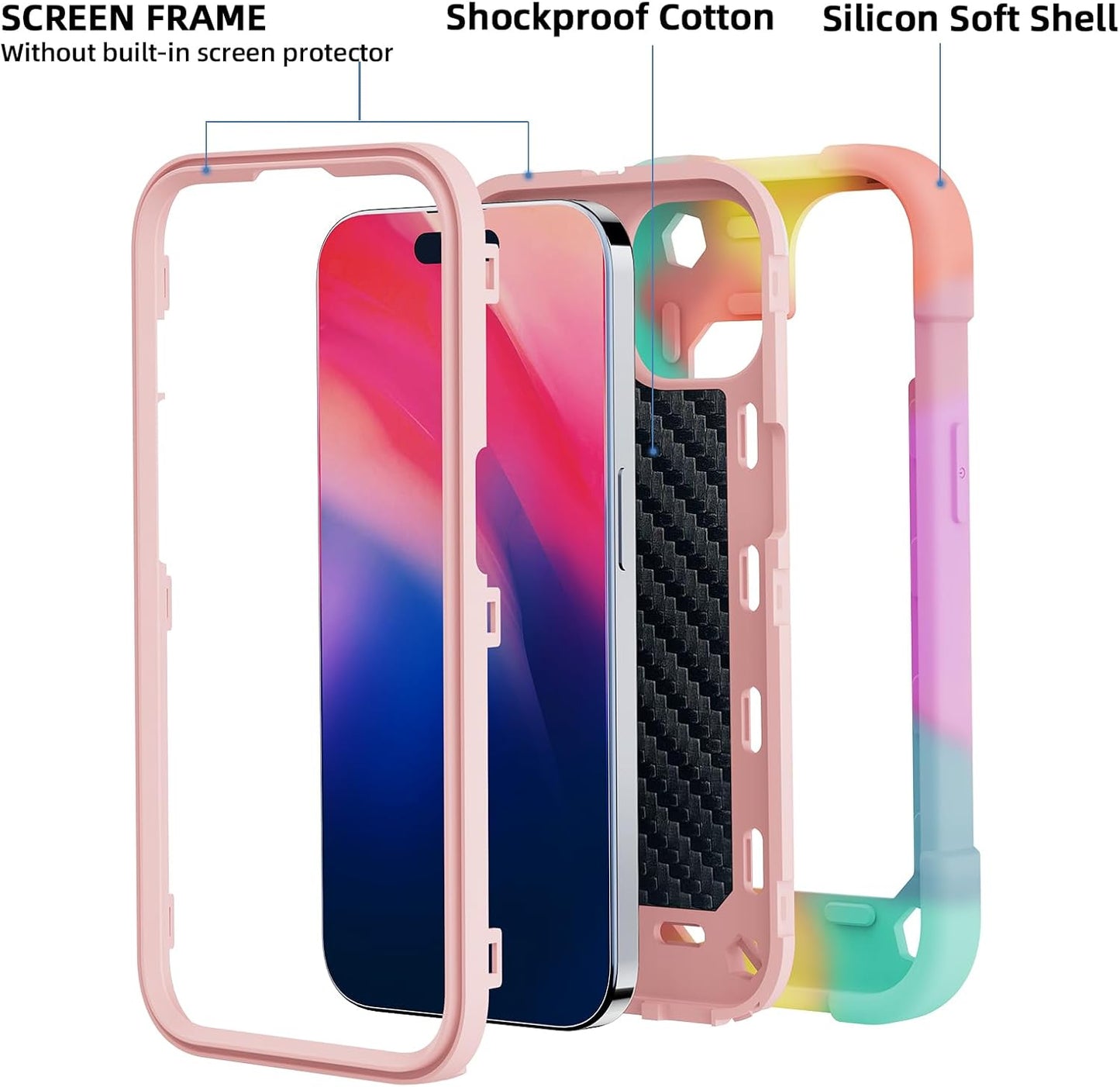 Cookiver 15 6.1" Compatible with iPhone Case - Heavy-Duty Shockproof Military-Grade Rugged Cover with Ring Stand, Glass