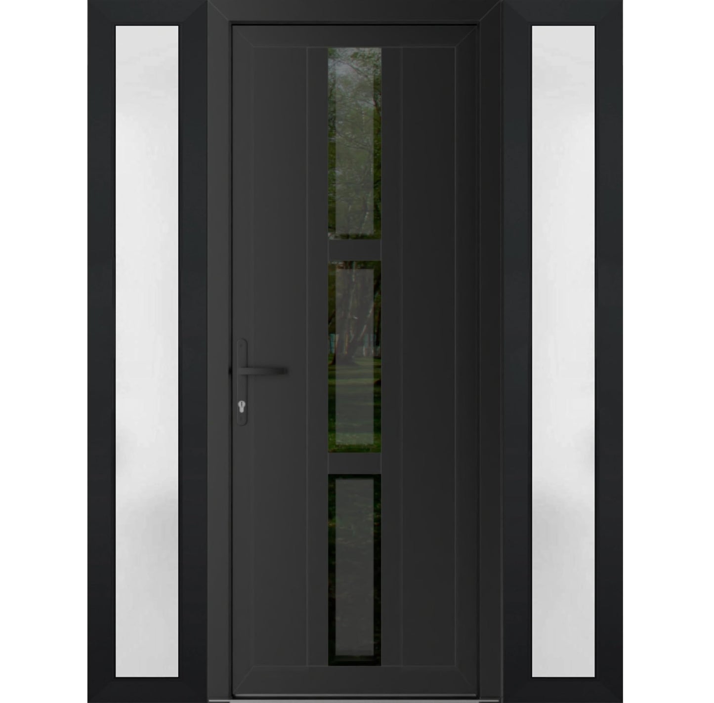 VDOMDOORS Front Exterior Prehung Metal-Plastic Door Frosted Glass | Manux 8112 Matte Black | 2 Side Sidelite Transoms | Residential Doors Entrance Patio Garage 64 x 80 (W14+36+14 x H80) Right-Inswing