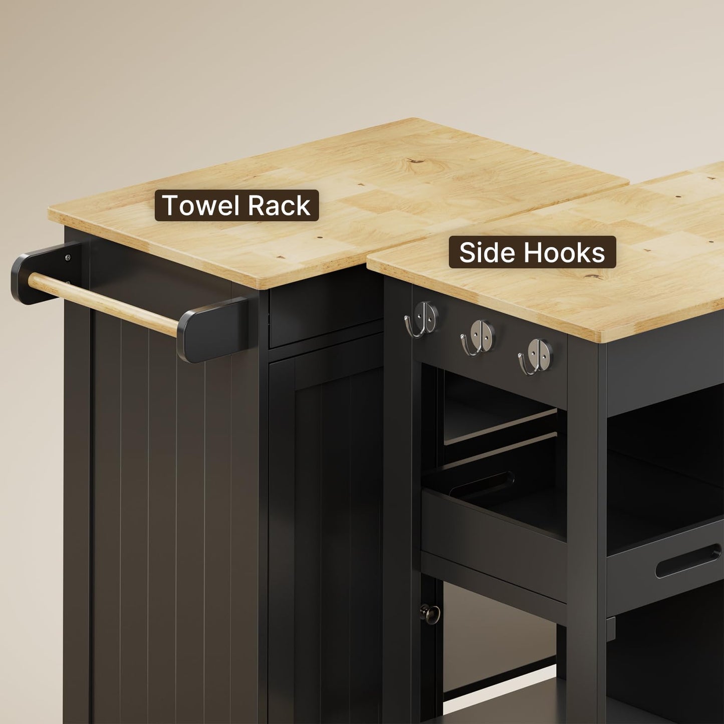 Gizoon Kitchen Island Cart with Solid Wood Top, Rolling Serving Utility Trolley Cart with Drawer, Cabinet, Towel Rack, Hooks and 3 Open Storage Shelves, Mobile Storage Cart for Dining Room, Bar, Black
