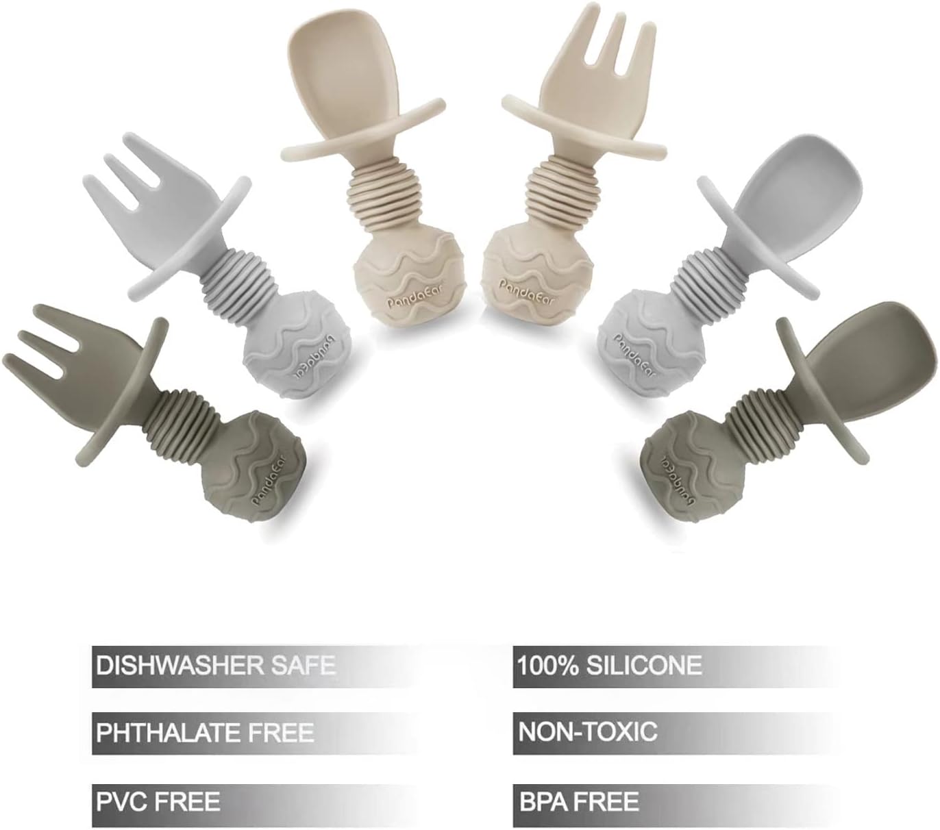 PandaEar Silicone Baby Feeding Utensils Set - 6 Pack Anti-Choke Spoons & Forks for 3 Months+ (Tan, Walnut & Grey)