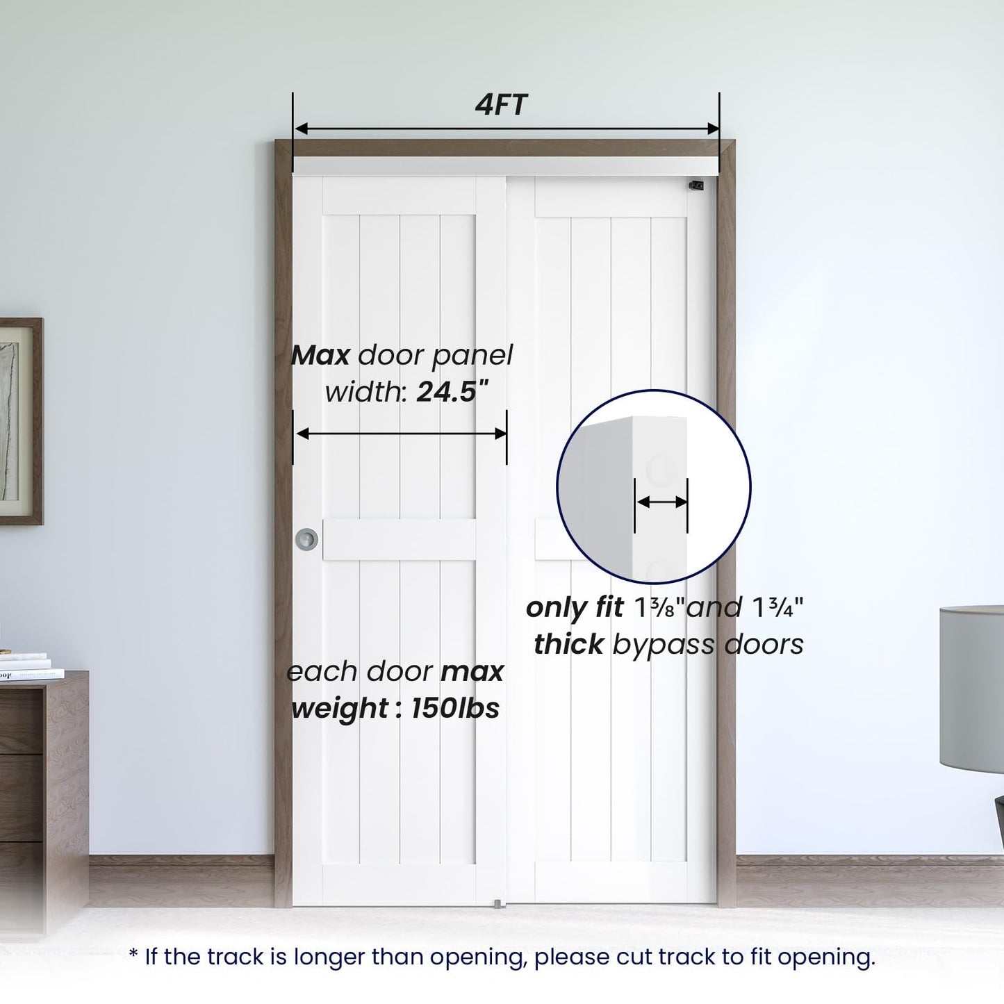 SMARTSTANDARD 48"/4FT Bypass Sliding Door Hardware Kit for Cabinet Closet, Aluminum Alloy Hardware with Finger Pull, for 2 Door System, Smoothly and Quietly, Fit 24.5" Wide Panel, No Door
