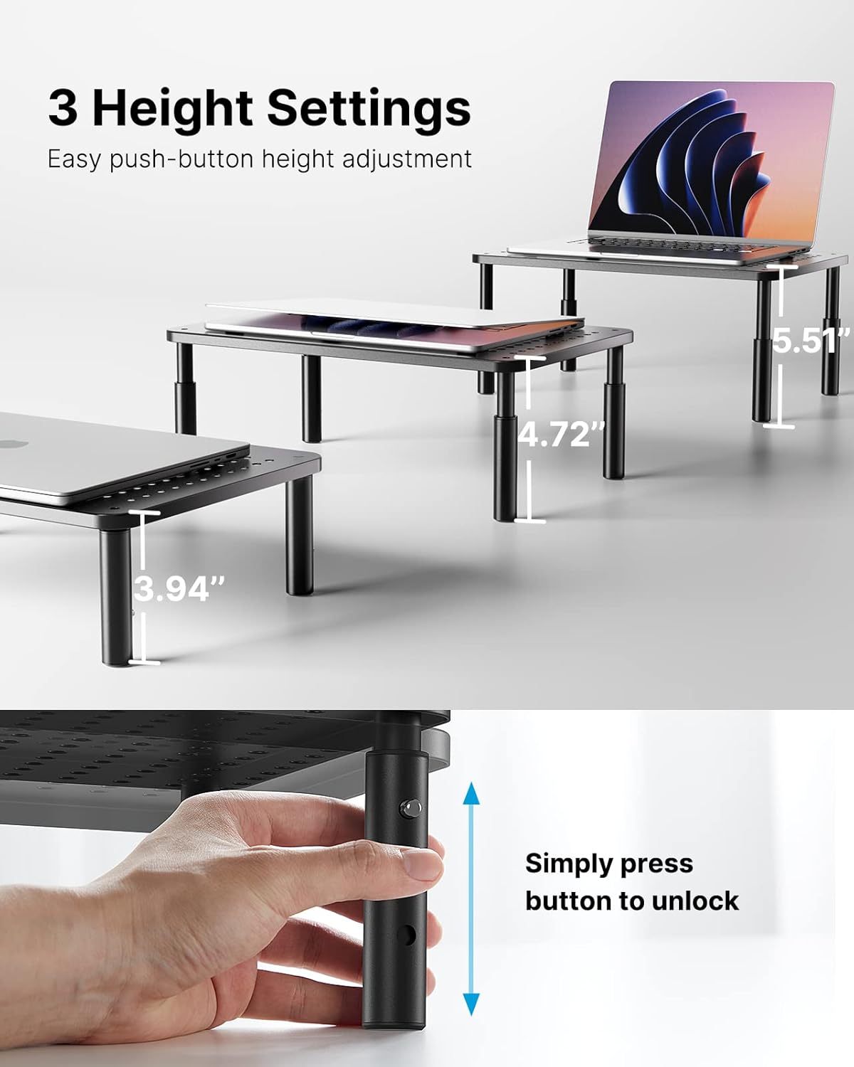 3 15.6" HUANUO Monitor Stand, Monitor Stand Riser Height Adjustable, Monitor Riser with Airflow Vents, Laptop Stand