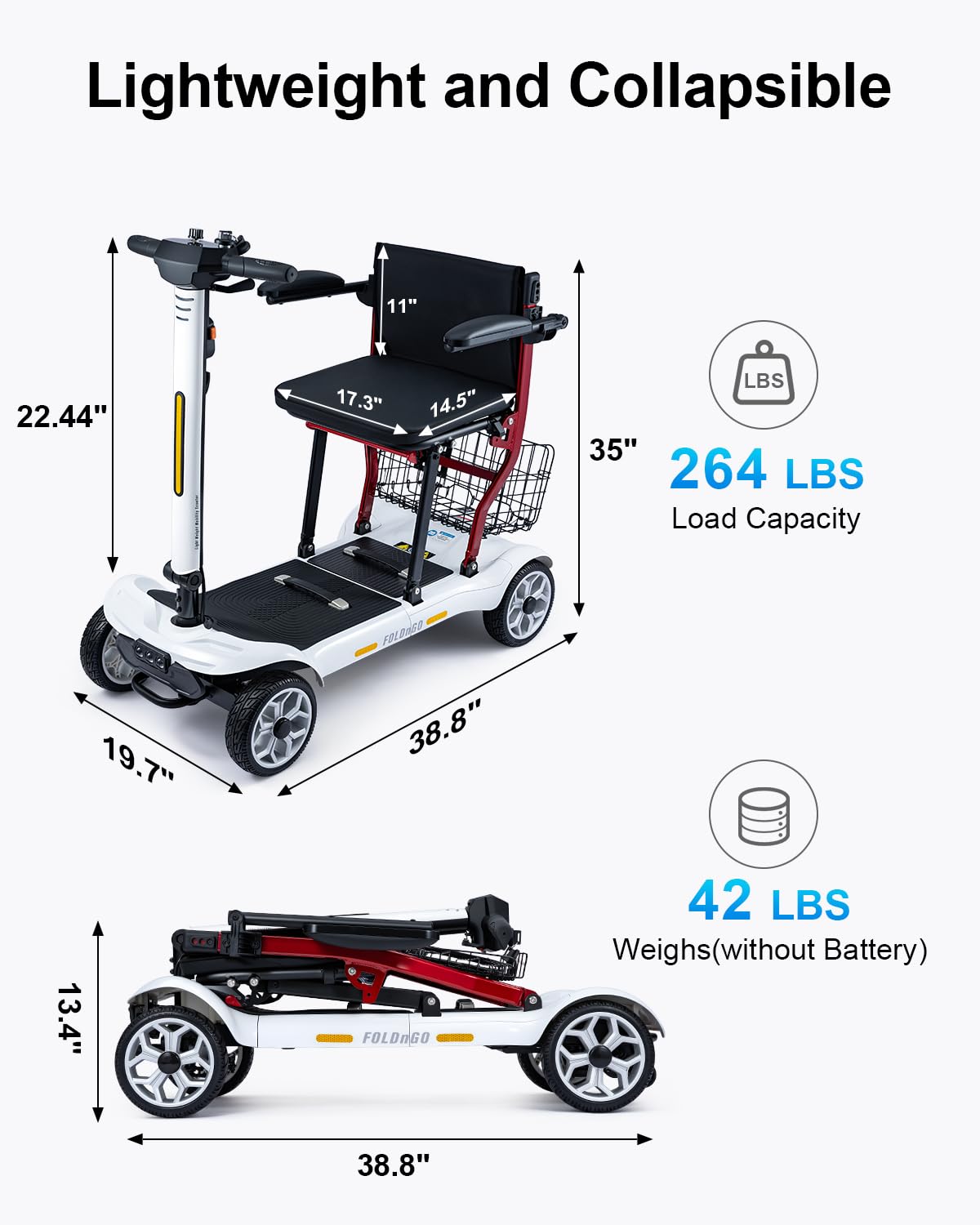 TOPIOM 4 Wheel Mobility Scooter-Electric Powered Wheelchair Device-Foldable Mobile Tool for Travel, Adults,Elderly-22miles Long Range Power Extended Battery with Charger (Single Battery: 13.5 Miles)