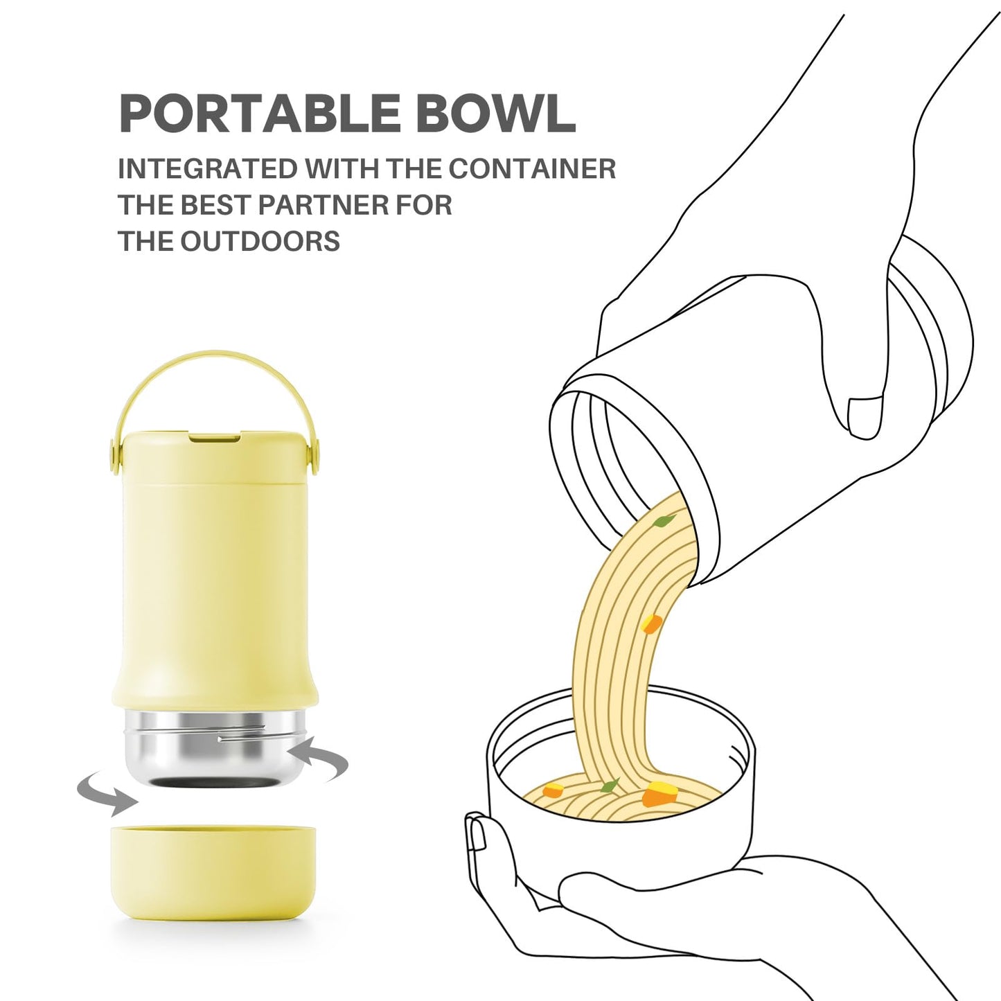 Ideus Soup Thermo with Foldable Spoon and Bowl 20oz, All-in-one Insulated Bento Lunchbox Stainless Steel Leakproof Portable Soup Container Vacuum Thermal Food Jar for Lunch (Light Yellow)