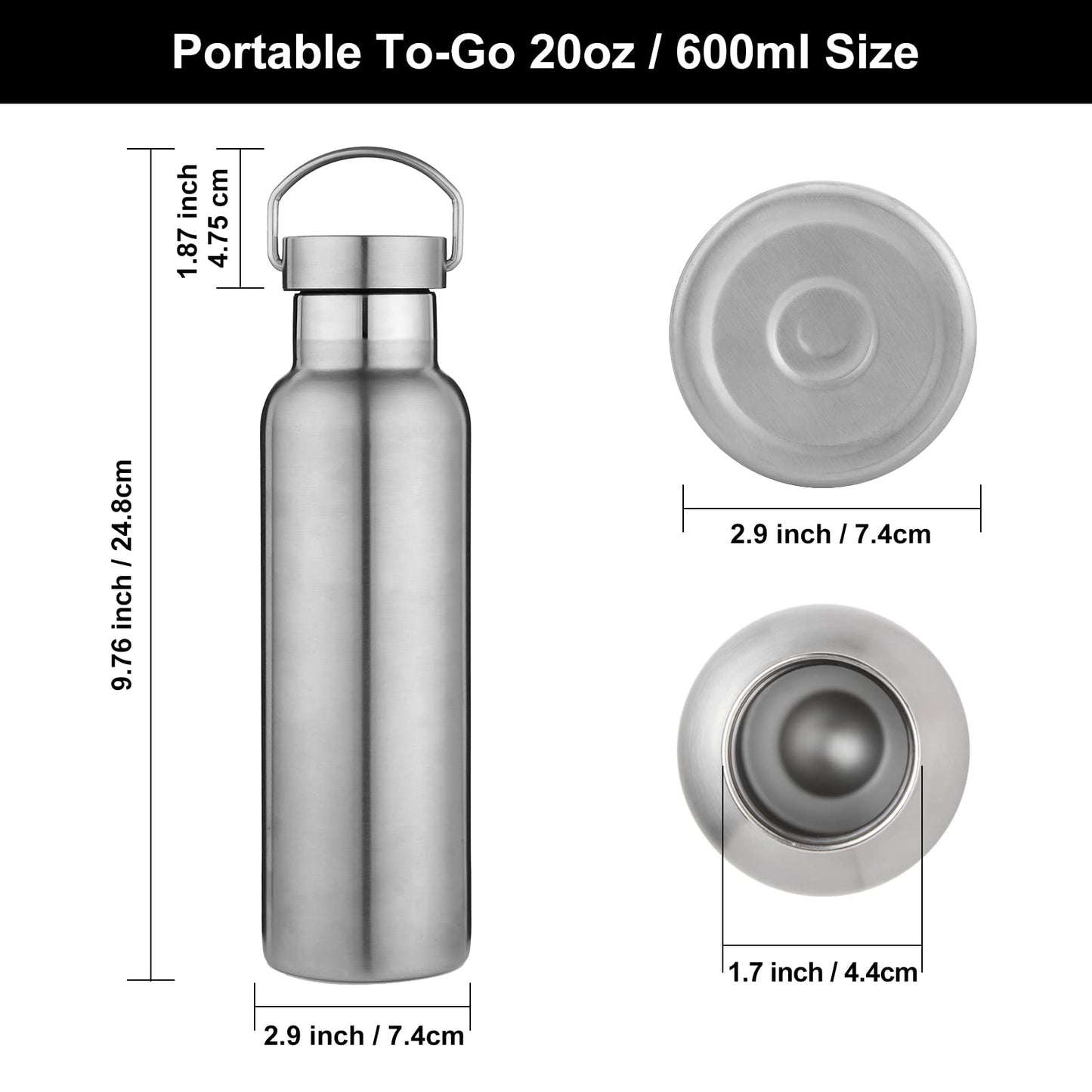 Neihepal Silver Stainless Steel Water Bottles,20 Ounce Vacuum Insulated Double Wall Travel Bottle with Leak Proof Lid of Handle,Metal Reusable Standard Mouth Flask Thermoses for School,Hikers,Gift
