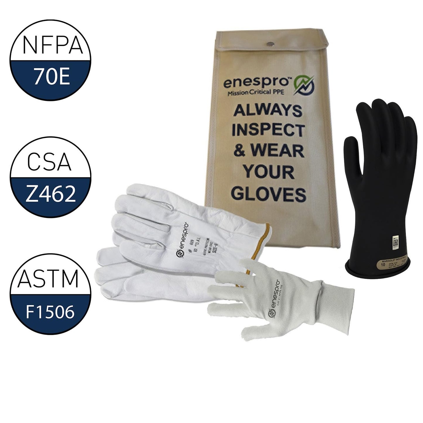 Enespro Class 00 Premium Electrical Gloves Kit (Pack of 3), 500V AC / 750V DC Black Insulated Rubber Gloves with Leather Protectors and Kint Gloves, Work Gloves for Linemen, and Utility Workers