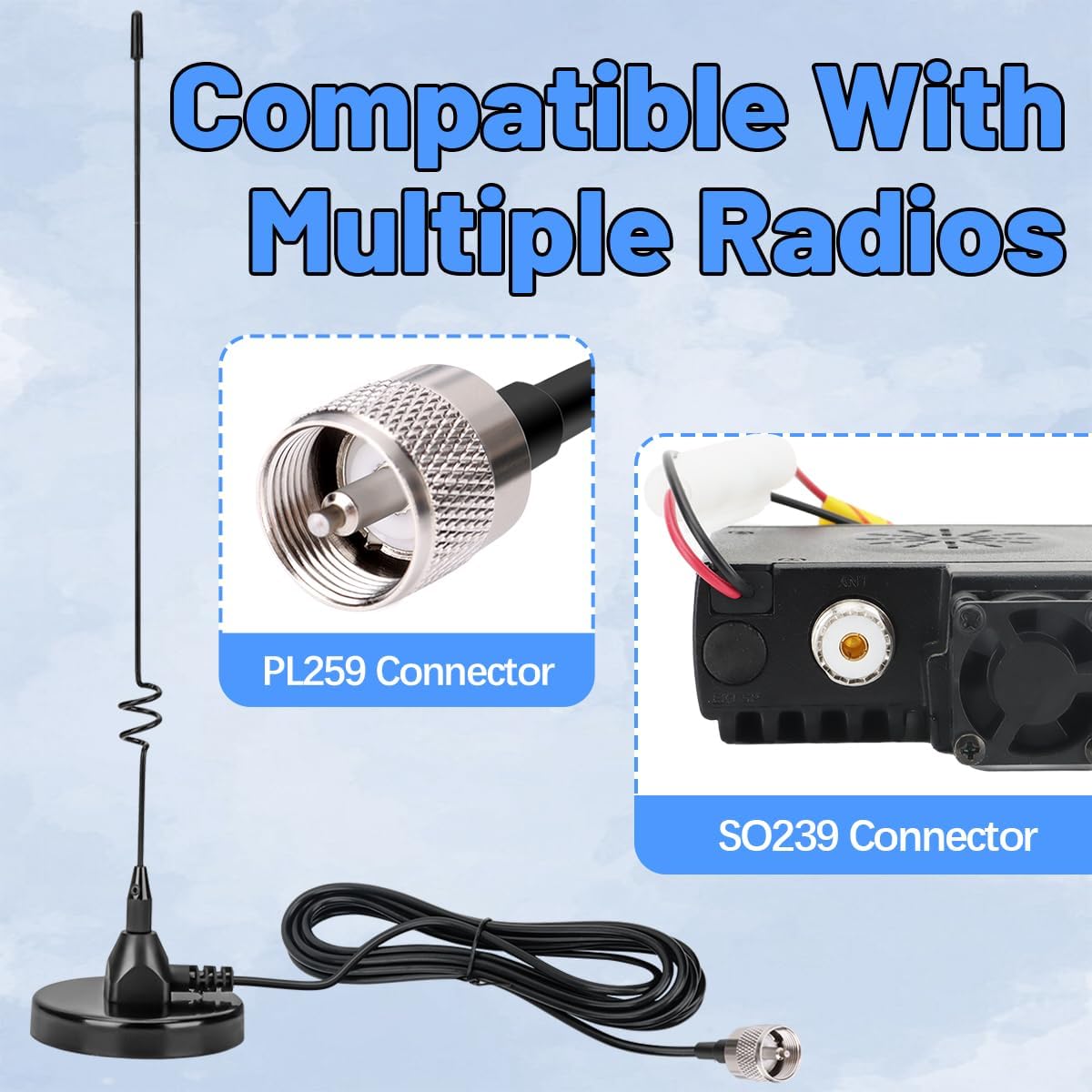 Arridioter 20.87in PL-259 Connector,66mm Mount,16.4ft RG58 Dual Band Mobile Radio Heavy Duty Whip Antenna Kit