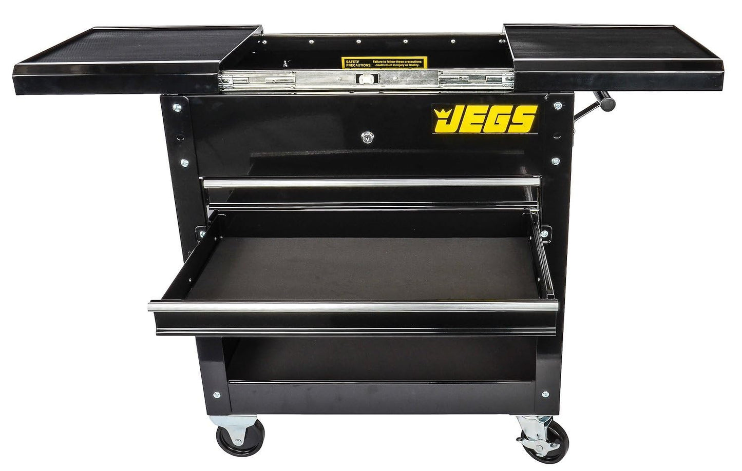 JEGS Heavy-Duty Tool Box Cart | 220 LBS Capacity | Uses Four 4" Caster Wheels | Includes 2 Keyes and 6 Drawer Liners | Black with JEGS Logo | 2 Locking Drawers | Sliding Top