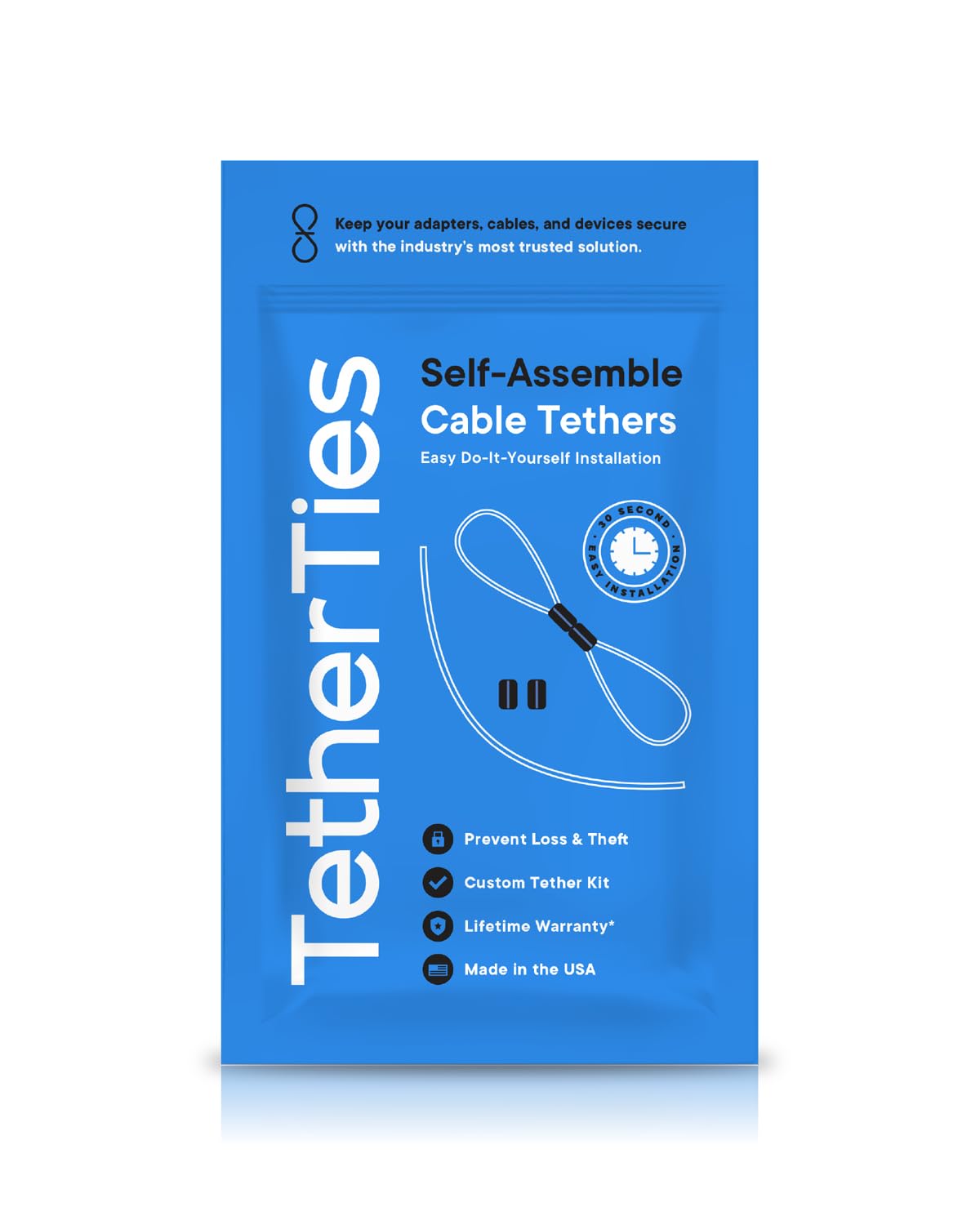 TetherTies Cable Organization, DIY Tether Kit - Customizable Cable Tethers for Computers, Adapters & Dongles - Easy Self Installation Tether Cables with Free Crimping Tool (White 60 Pk, 12 inch)