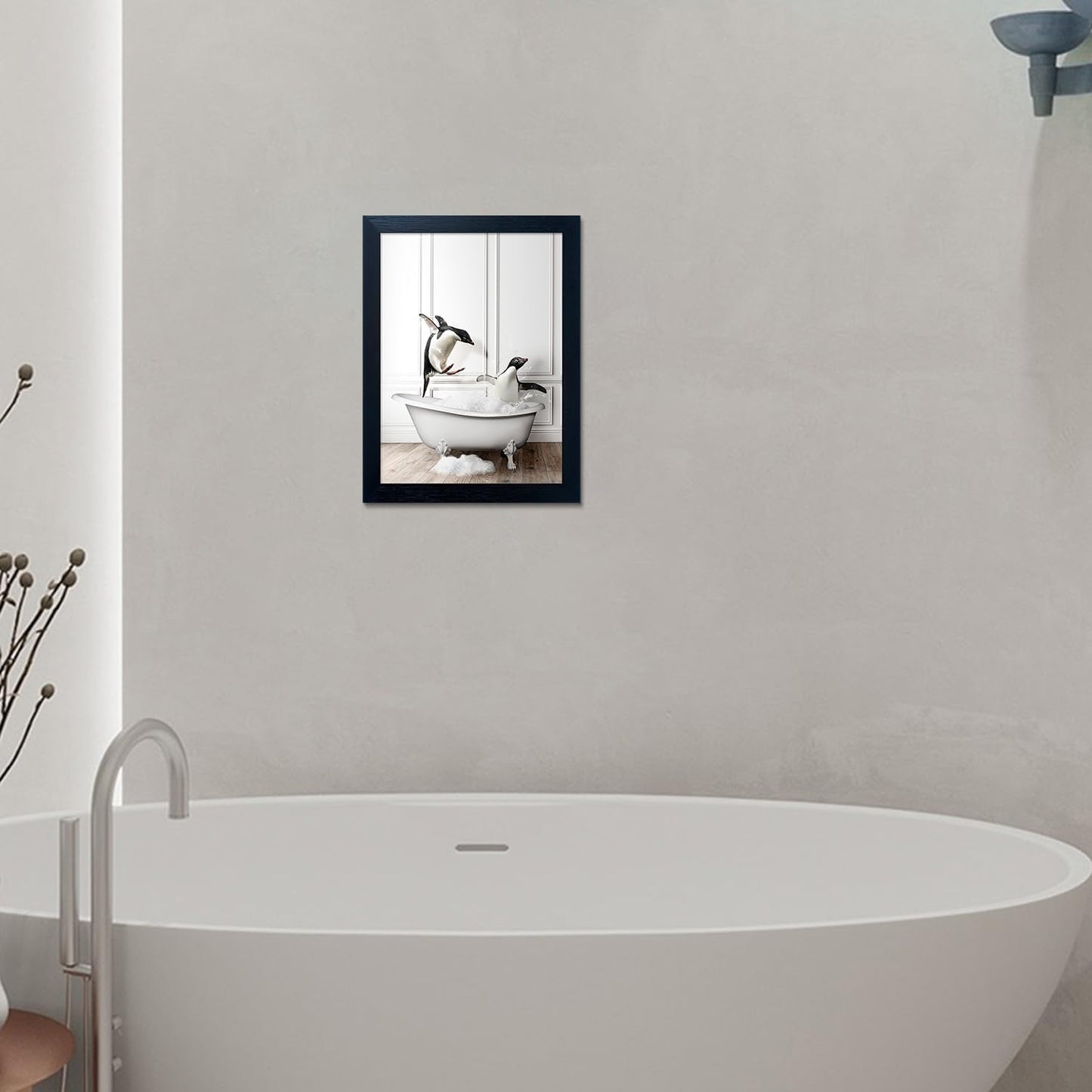 Skiennix Kids Bathroom Wall Art - Cute Penguins in Bathtub Canvas Print | Black & White Decor