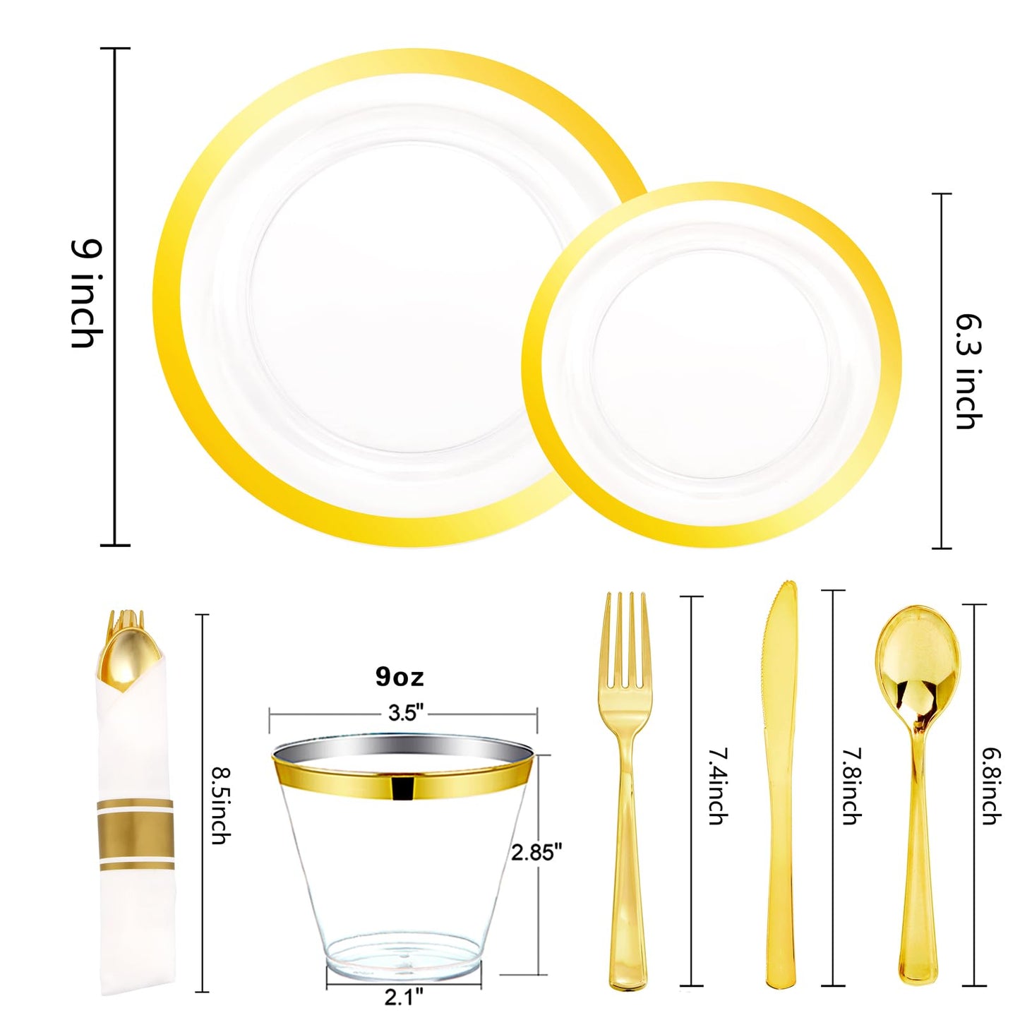 Liacere 350PCS Clear Gold Plastic Plates for 50 Guests Dinnerware Include 100 disposable Plates 150 Gold Silverware 50Napkins for Party & Wedding