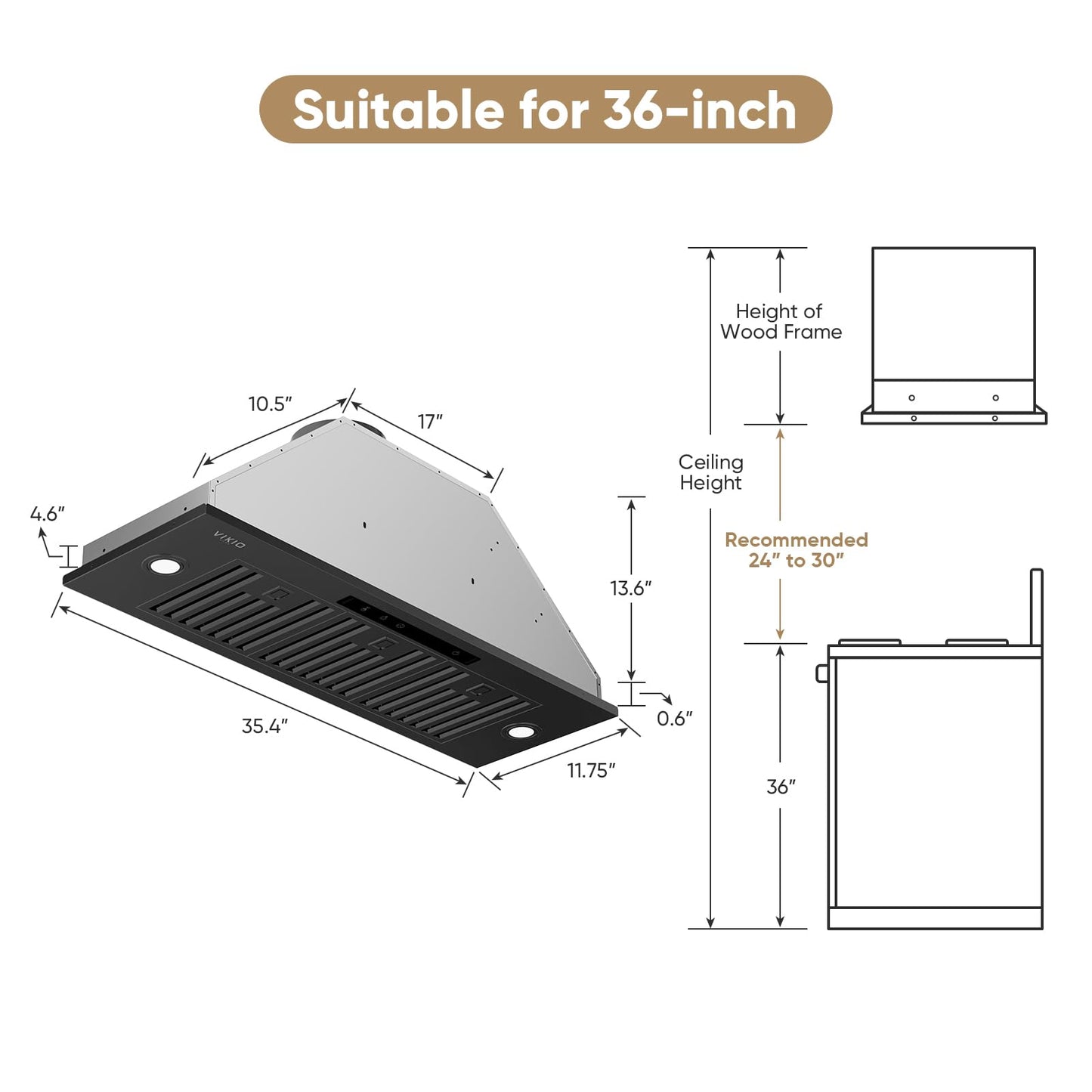 VIKIO HOME Black Built-in/Insert Range Hood 36 Inch, 980 CFM Hood Vent for Kitchen, Ducted/Ductless Convertible Duct, Stainless Steel Kitchen Vent Hood with Gesture & Touch Control, 3 Baffle Filters