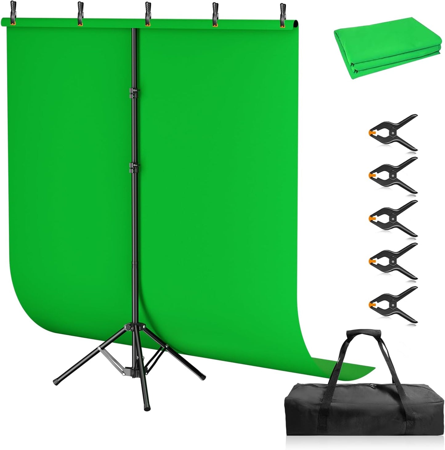Qoolfoto 57ft 5 Green Screen Backdrop Kit, Portable Greenscreen Background with Adjustable T-Shaped Stand, Clamps