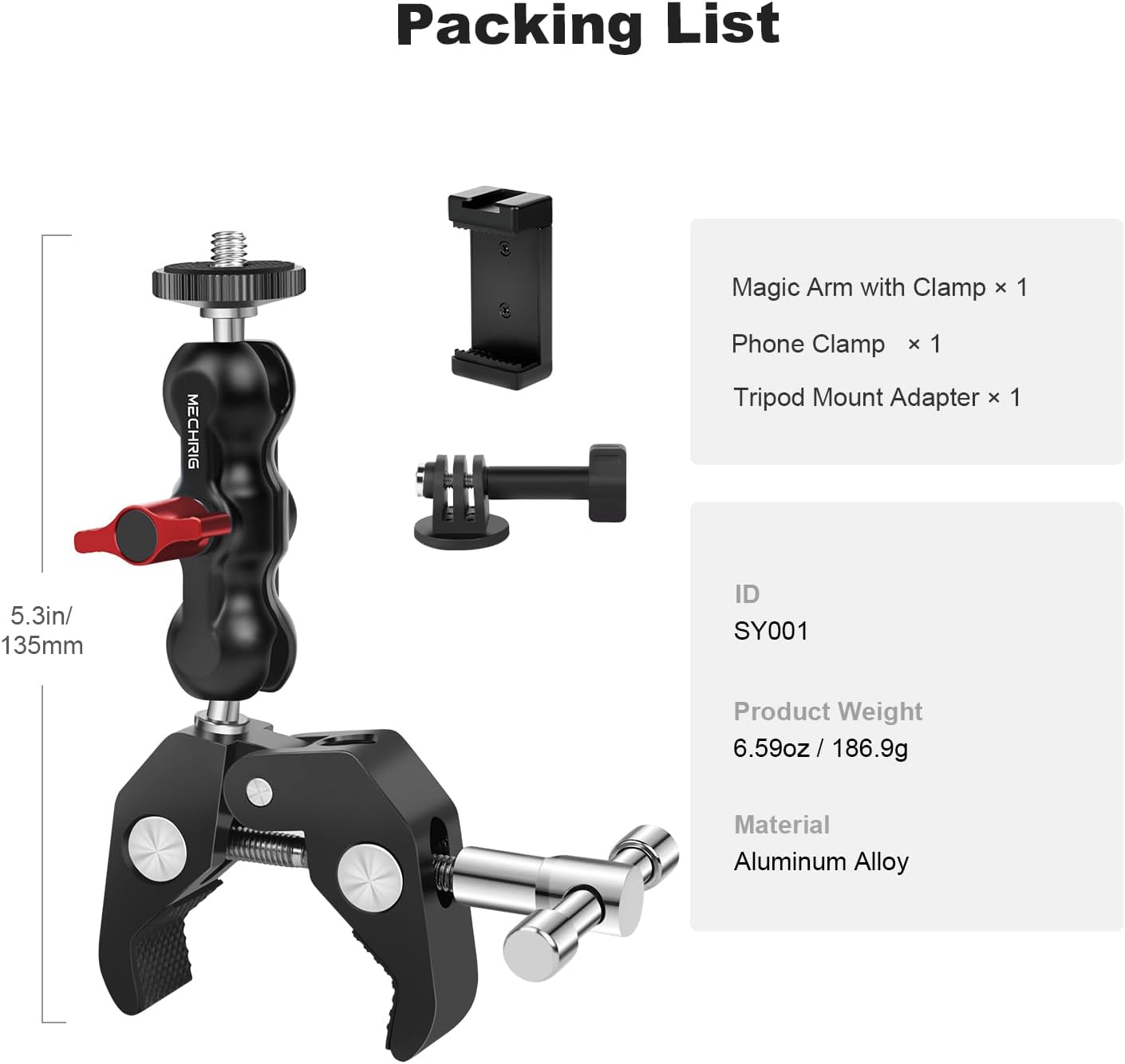 Mechrig (SY001) Camera Clamp Mount with Dual Ballhead Magic Arm, Aluminum Camera Mount Super Clamp Kit for DSLR Action