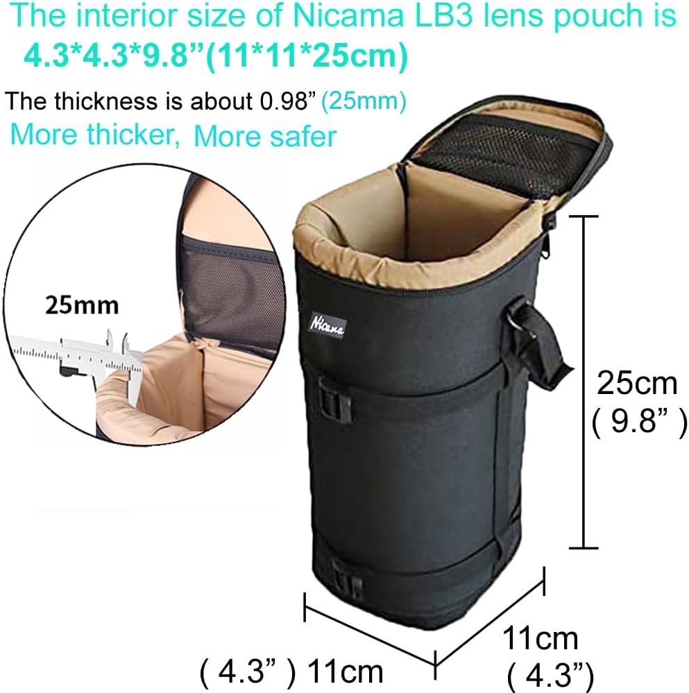 LB3 100-400mm 100-500 70-200 180mm 600 70-300mm 90mm 70-200mm Nicama Deluxe Water-Resistant Camera Lens Pouch Case