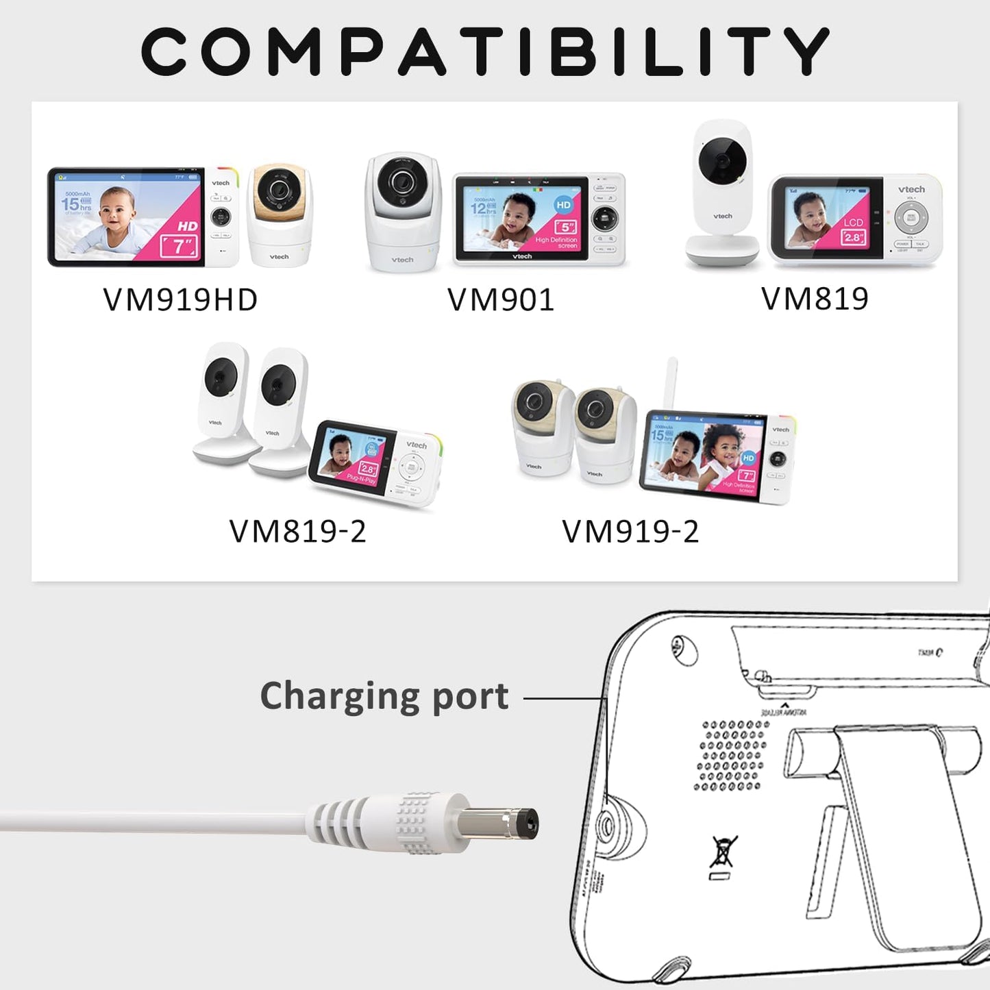 BOEEA 5V VM901 VM919HD VM919-2HD VM819 VM819-2 5Ft Power Cord Compatible with VTech PU Baby Monitor Handheld Screen