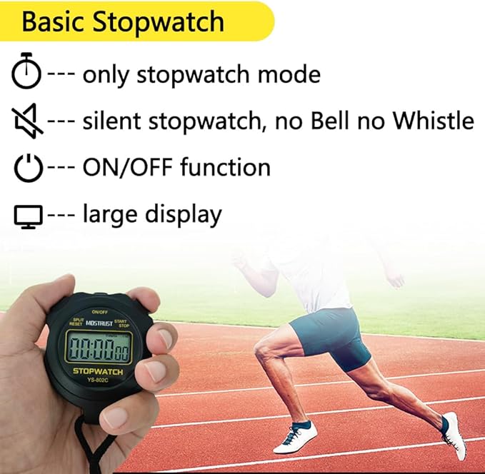 Digital Simple Stopwatch, 1/30 Lap Basic Stopwatch, No Bells, No Clock, No Alarm, Silent, Child Friendly, ON/Off for Swimming Coaches Kids