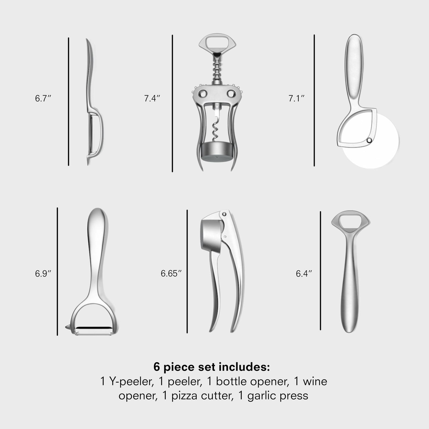 Public Goods Kitchen Tool Set | 6 Piece Kitchen Utensil Set | Includes Y-Peeler, Peeler, Bottle Opener, Wine Opener, Pizza Cutter, and Garlic Press | Plastic-Free, Dishwasher Safe Gadget Essentials