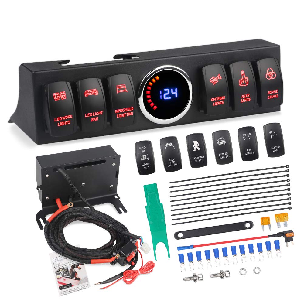 WATERWICH 6-Switch Pod Toggle Panel Overhead and Source Control System Box Wiring Harness Kit With 12 Covers & Clip Remover Compatible With Jeep Wrangle (Red)