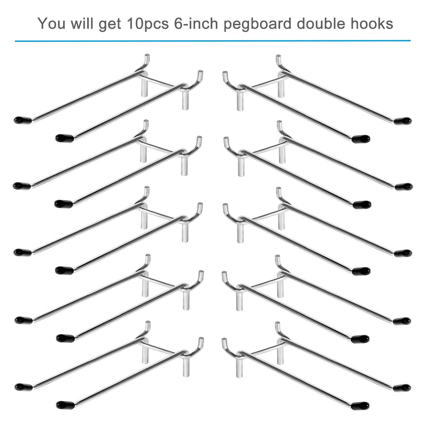 Nlmyt 10 Pcs Pegboard Hooks, 6 Inch Peg Board Hooks, Pegboard Pegs Accessories with Rubber Tipped, Double Peg Hook Fit 1/4” Hole, Heavy Duty Tool Utility Hook for Hanging Tools, Bags and More