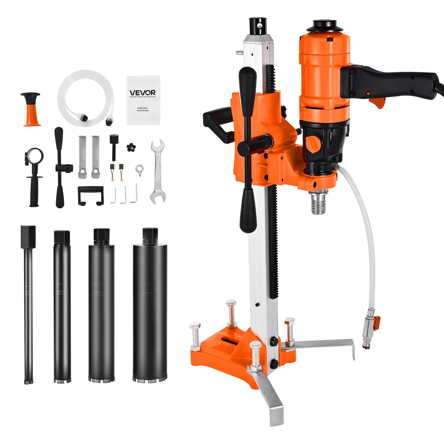 VEVOR Diamond Core Drilling Machine, 8 in Drilling Diameter, 2-in-1 Handheld & Stand-Mount Dry and Wet Concrete Core Drill Rig with 4 Drill Bits, 1075/2300 RPM 2-Speed, for Concrete Brick Stone, 1800W