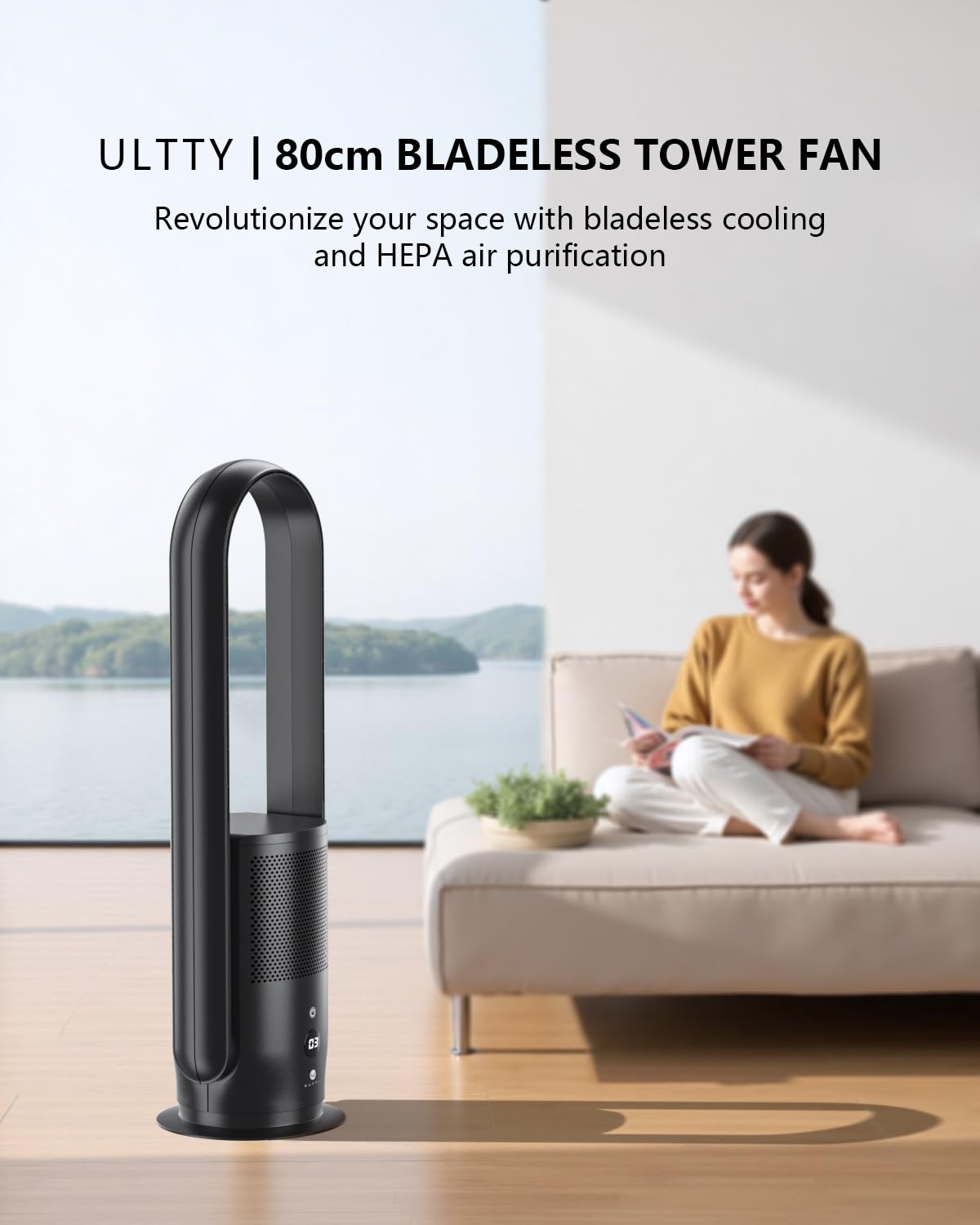 U ULTTY Bladeless Tower Fan and Air Purifier in one, Quiet Tower Fan with Remote, Touch, 9 Speeds, 8H Timer, HEPA Filter 99.97%, 90° Oscillation Fans, Floor Fans Powerful for Home Office Room, Black