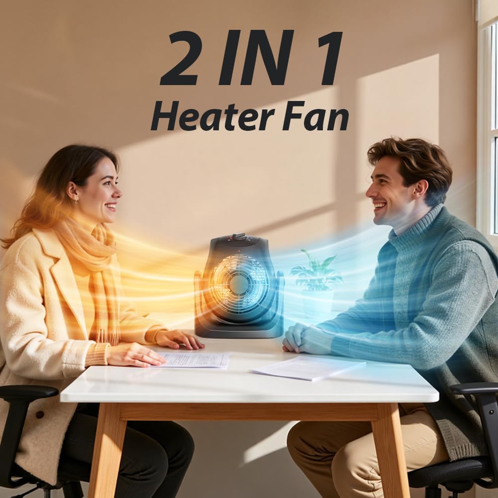 Skiennix Portable Electric Space Heater & Desk Fan - 2-in-1 Combo with 45° Tilt, 2 Speeds, 1500W Overheat Protection for Home Office