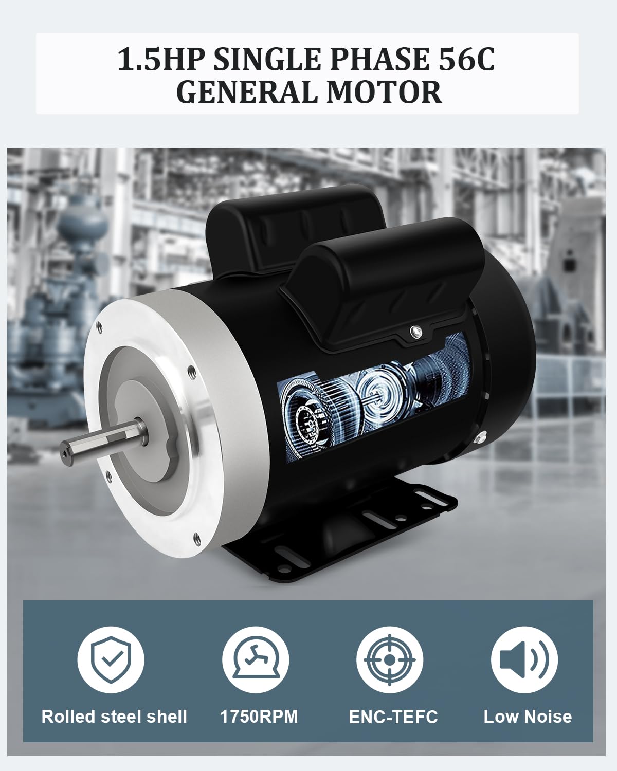 Electric Motor, 1.5HP Air Compressor Motor, Single Phase Motor 1750RPM 56C 115/230V 5/8" Shaft Diameter CW/CCW TEFC IP55 60HZ