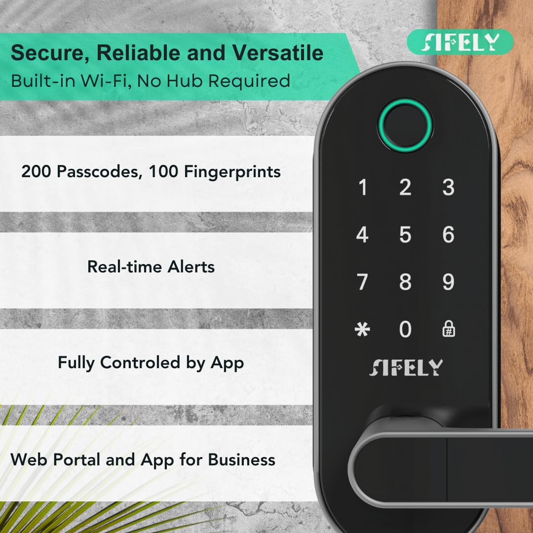 Built-in WiFi Fingerprint Smart Door Lock with Handle & Keypad – Remote Access & Auto-Lock, Keyless Entry for Home, Airbnb & Rental, 6-in-1 Unlock: Code/Card/App/Key, Compatible with Alexa & Google