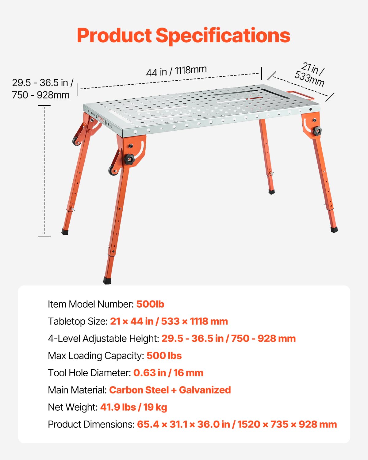 VEVOR Foldable Welding Table 44" x 21", 500LBS Capacity Welding Workbench with 4-Level Adjustable Height, Carbon Steel Work Bench with 6 Tool Slots & 0.63" Fixture Holes for Welding Assembly Repair