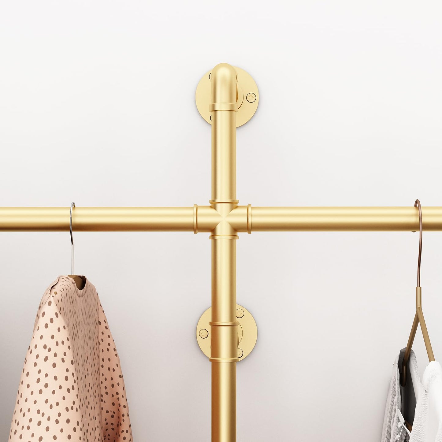 ORSENIGO Industrial Pipe Clothing Rack, Heavy Duty Clothes Rack for Hanging Clothes, Wall Mounted Display Garment Rack for Home Retail Boutique (Three, Gold)