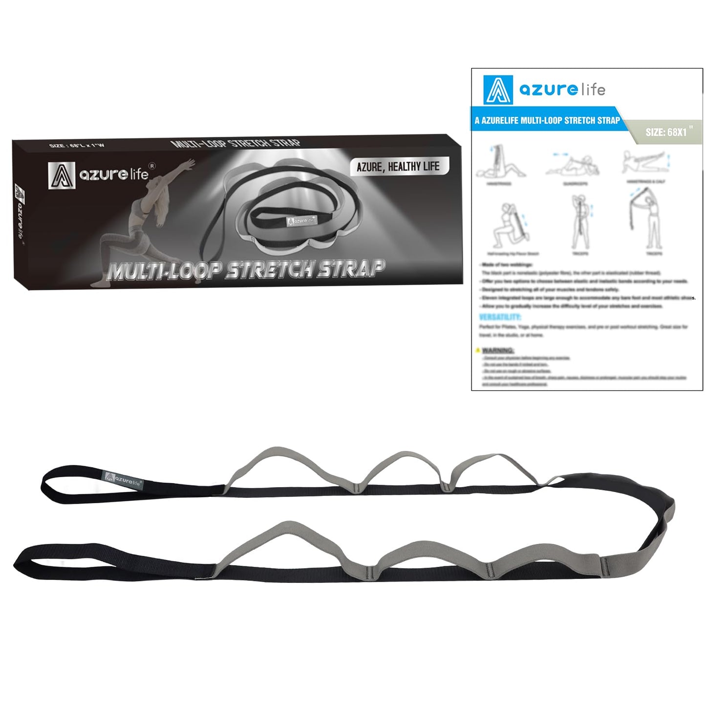 A AZURELIFE Half-Elastic Stretch Straps with 11 Loops, Stretching Strap for Physical Therapy, Multi-Loop Yoga Strap Fitness Exercise Strap for Yoga, Pilates, Dance, Flexibility&Exercise