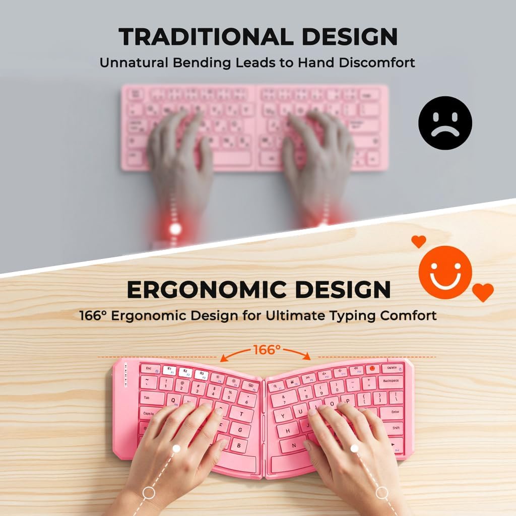 MEETION New Ergonomic Bluetooth Foldable Keyboard, Split Compact Portable Wireless Keyboard for Business Travel