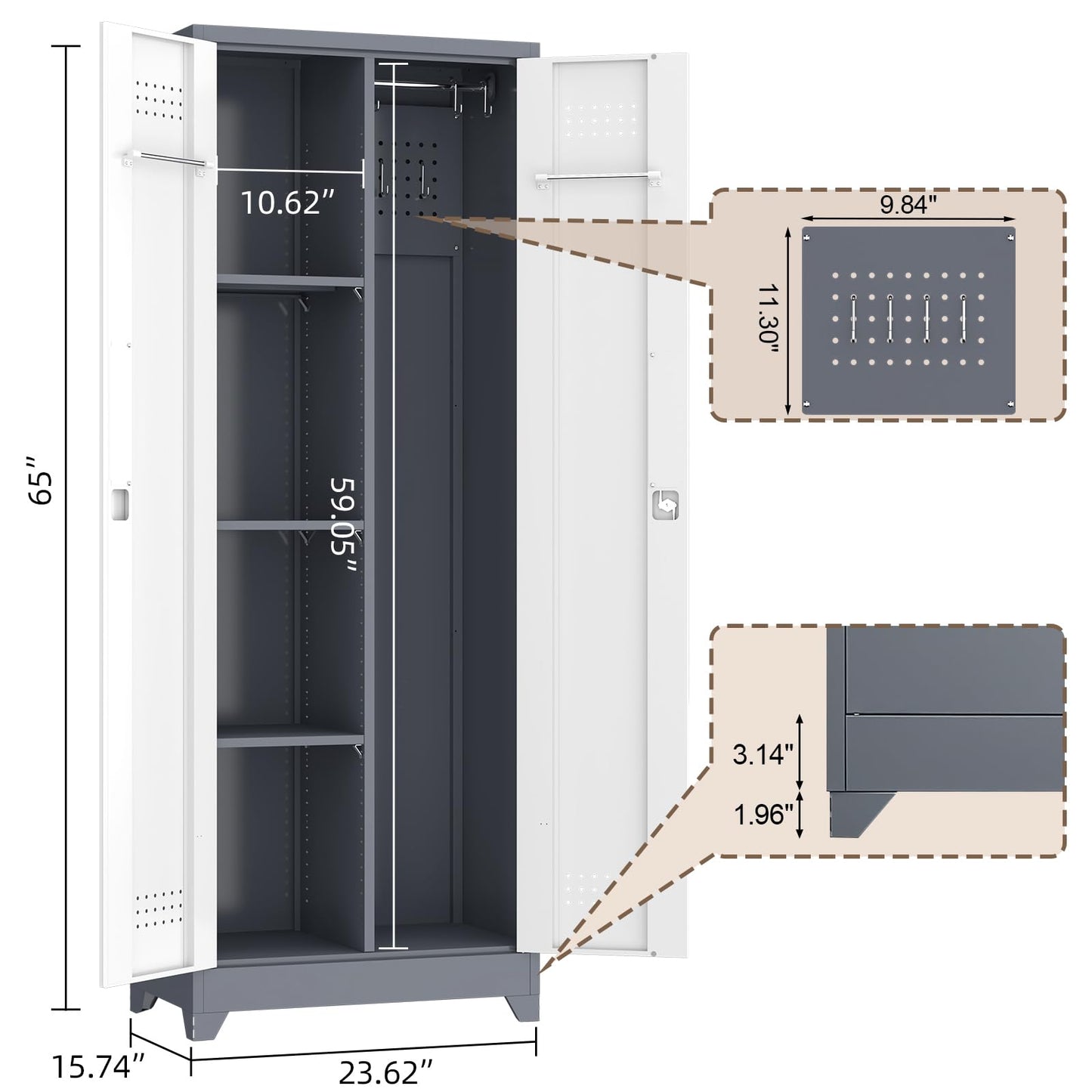 GREATMEET 65'' Garage Storage Cabinet, Broom Closet, Metal Utility Cabinet for Cleaning Supply with Pegboard, Lockable Doors, Adjustable Shelves for Garage, Home, Gray White