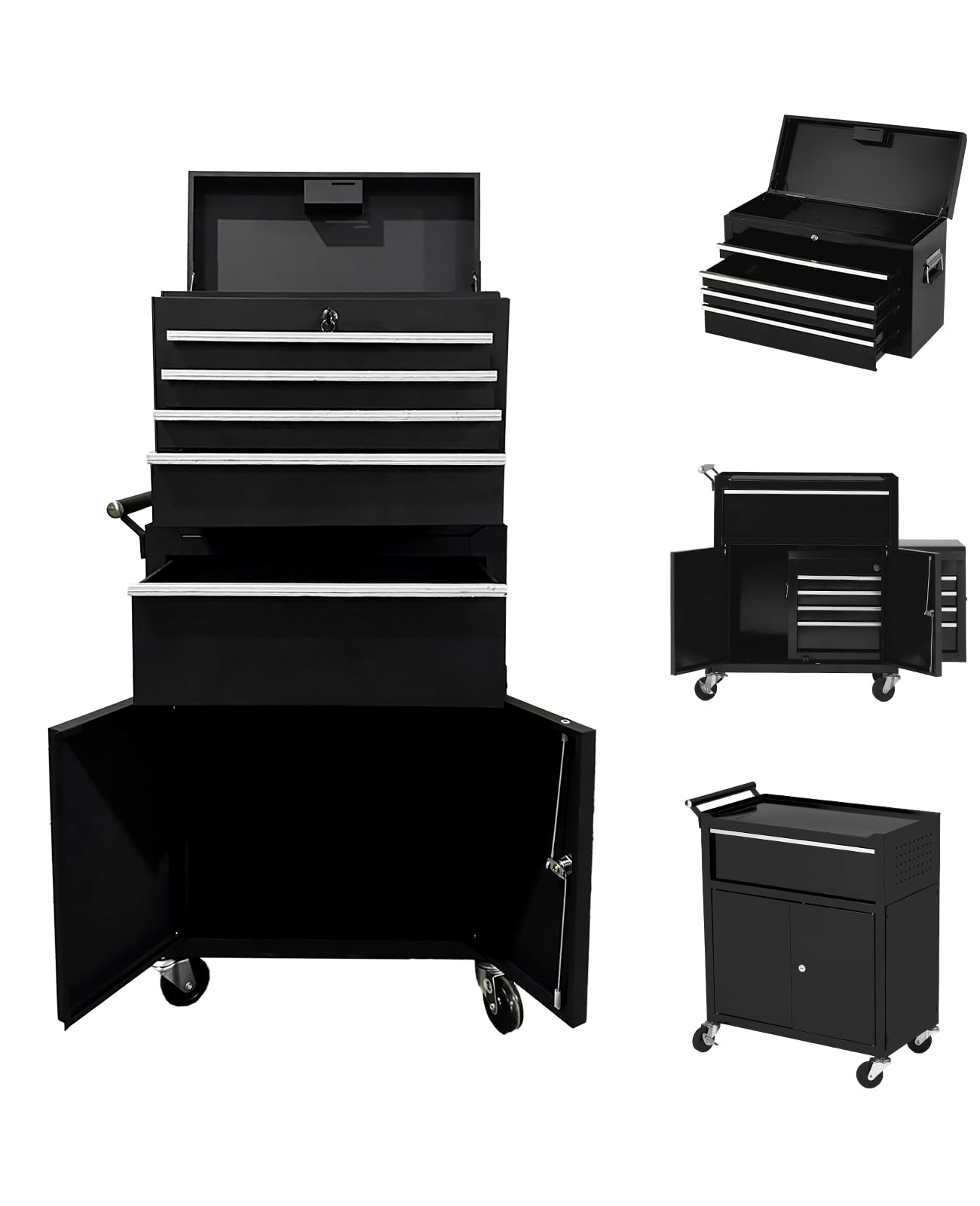 5-Drawer Rolling Tool Chest, 2-in-1 Detachable Top Tool Cabinet with Removable High Capacity Storage, Sliding Drawers, Wheels, Locking System & Liners for Workshop, Mechanics, Garage and Warehouse Use