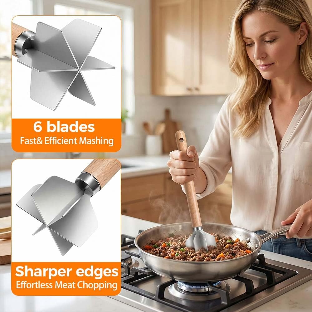 Skiennix 304 Stainless Steel Meat Chopper - 6 Blade Ground Beef Masher with Wooden Handle | Versatile Kitchen Tool
