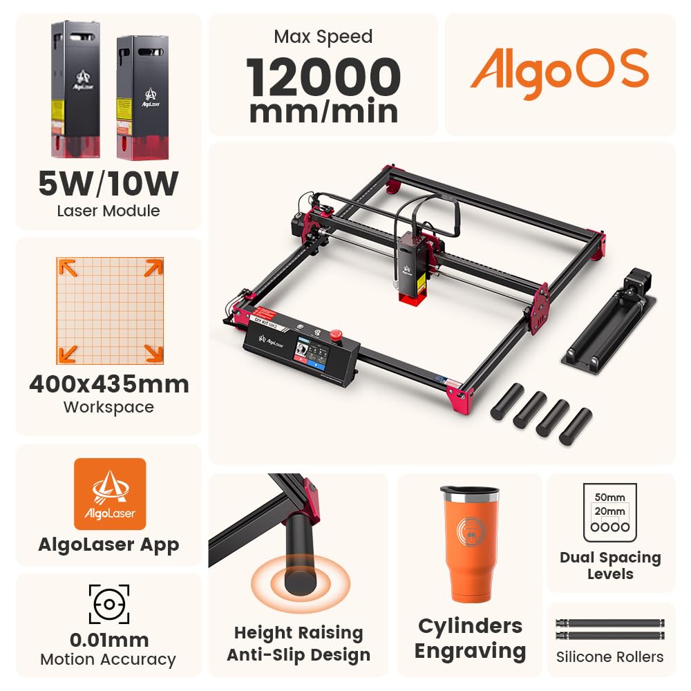 Algolaser 10W Laser Engraver Machine - Laser Engraver/Cutter with Rotary Roller & Laser Engraver Riser - Laser Engraving Machine with 3.5" Smart Touchscreen & AlgoOS,Laser Engraver for Wood & Metal