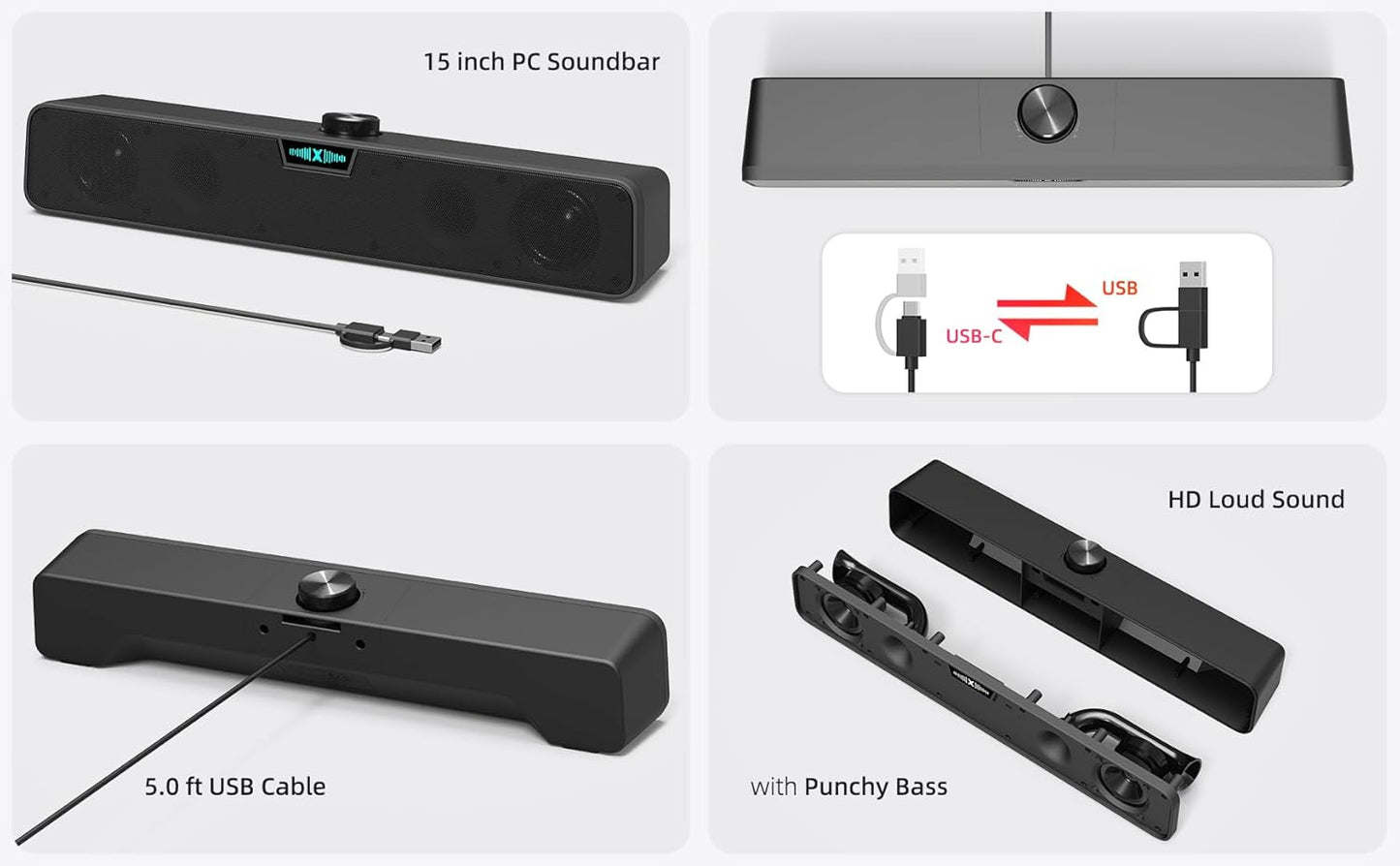 XKX Computer Speakers Soundbar for Desktop PC Mac, USB Plug-in, Wired, External Speakers for Laptop Desk Monitor, RGB