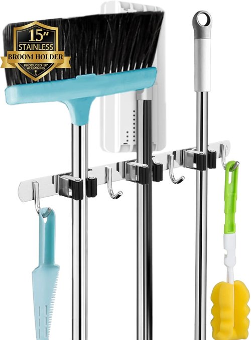 AceMining Wall Mounted Broom and Mop Holder | 5 Racks & 4 Heavy-Duty Hooks for Garage Storage