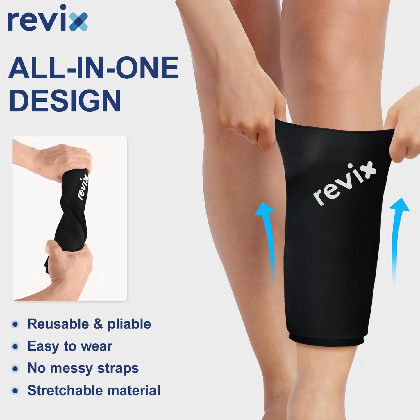 REVIX Calf Compression Sleeve for Shin Splint Relief, Ice Pack for Knee, Arm & Elbow Discomfort, Soft Ice Packs Reusable for Post-Workout Recovery, Hot and Cold Pack with 360° Full Coverage, 2 Packs