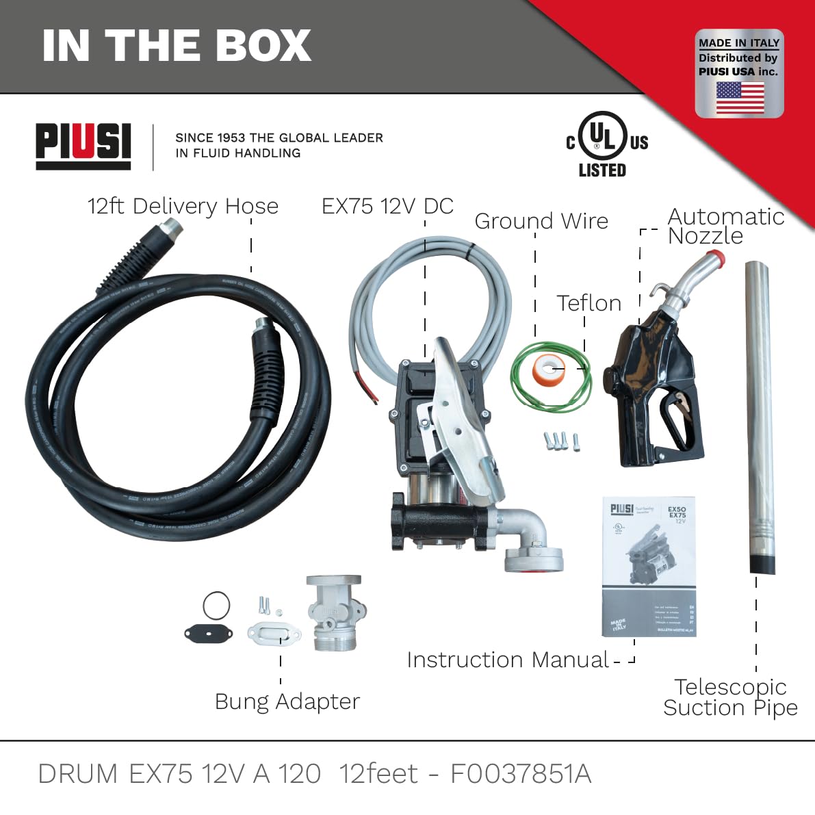 Piusi EX75 UL DC Fuel Transfer Pump KIT 12V for Diesel and Gasoline 20 GPM Flow Rate at Nozzle Equipped with 12 ft Discharge Hose, Automatic Nozzle